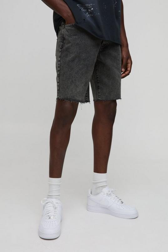Straight Fit Washed Raw Hem Denim Shorts by BOOHOOMAN