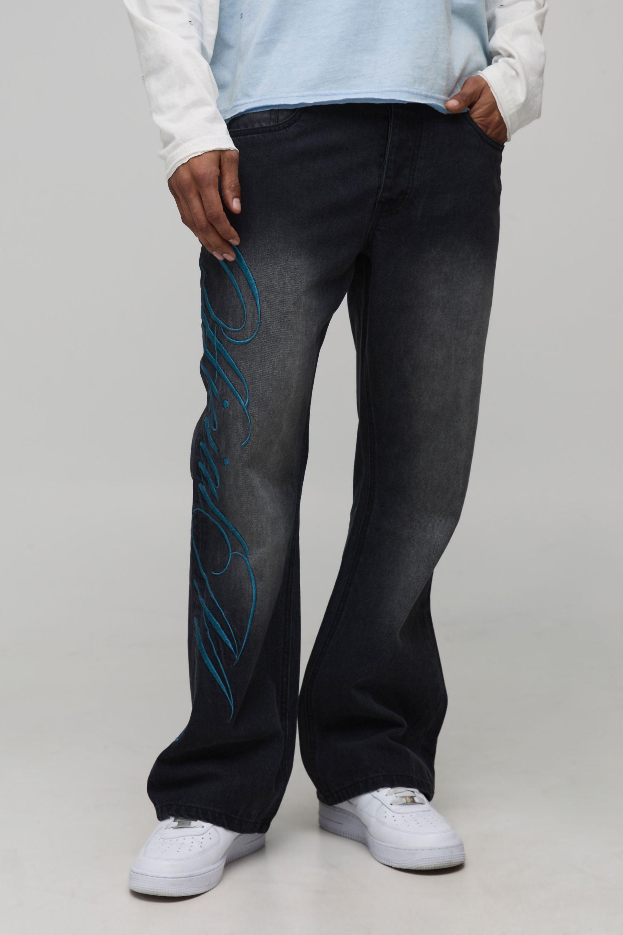 Straight Flare Official Embroidered Jeans by BOOHOOMAN