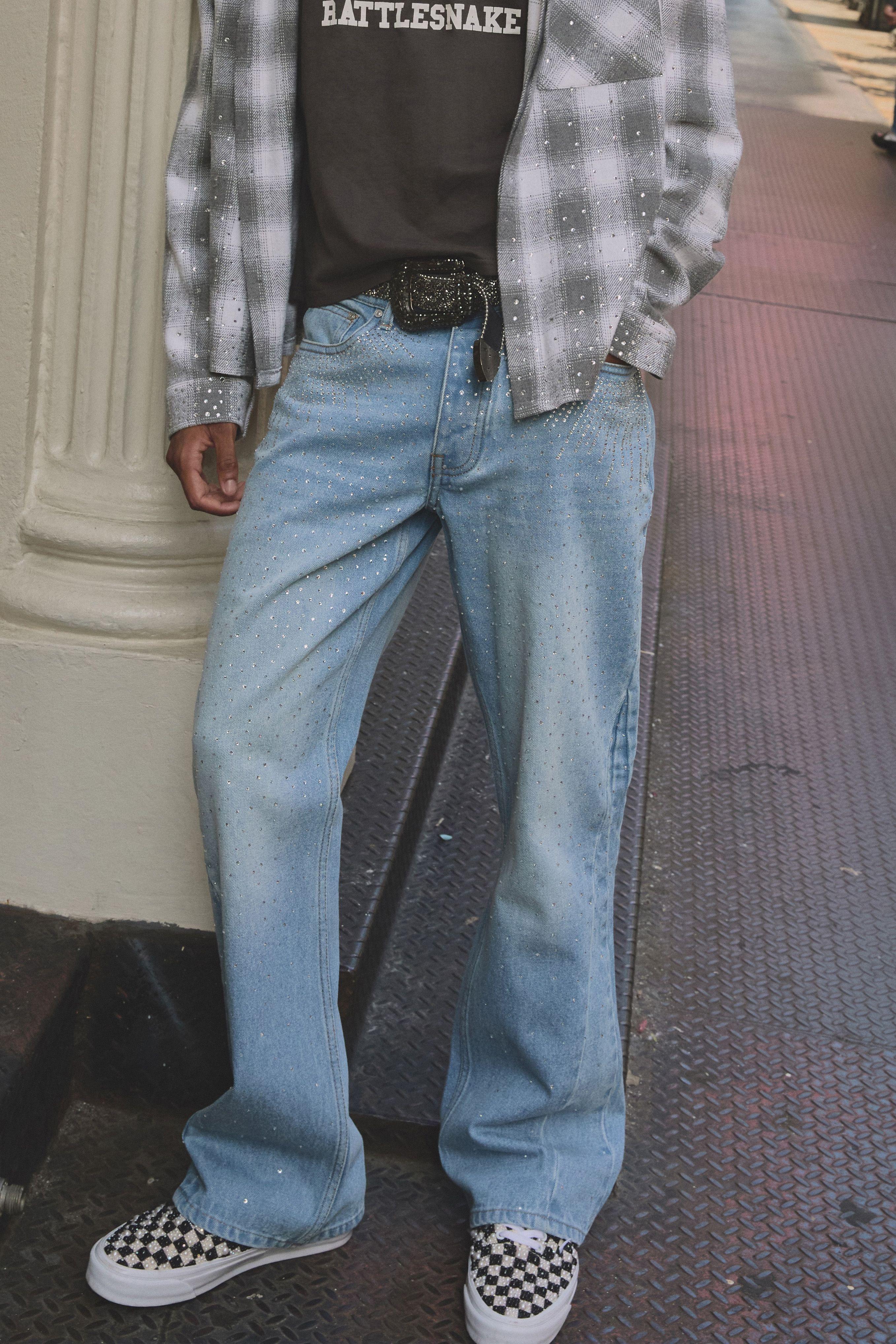 Straight Flared Rhinestone Embellished Jeans by BOOHOOMAN