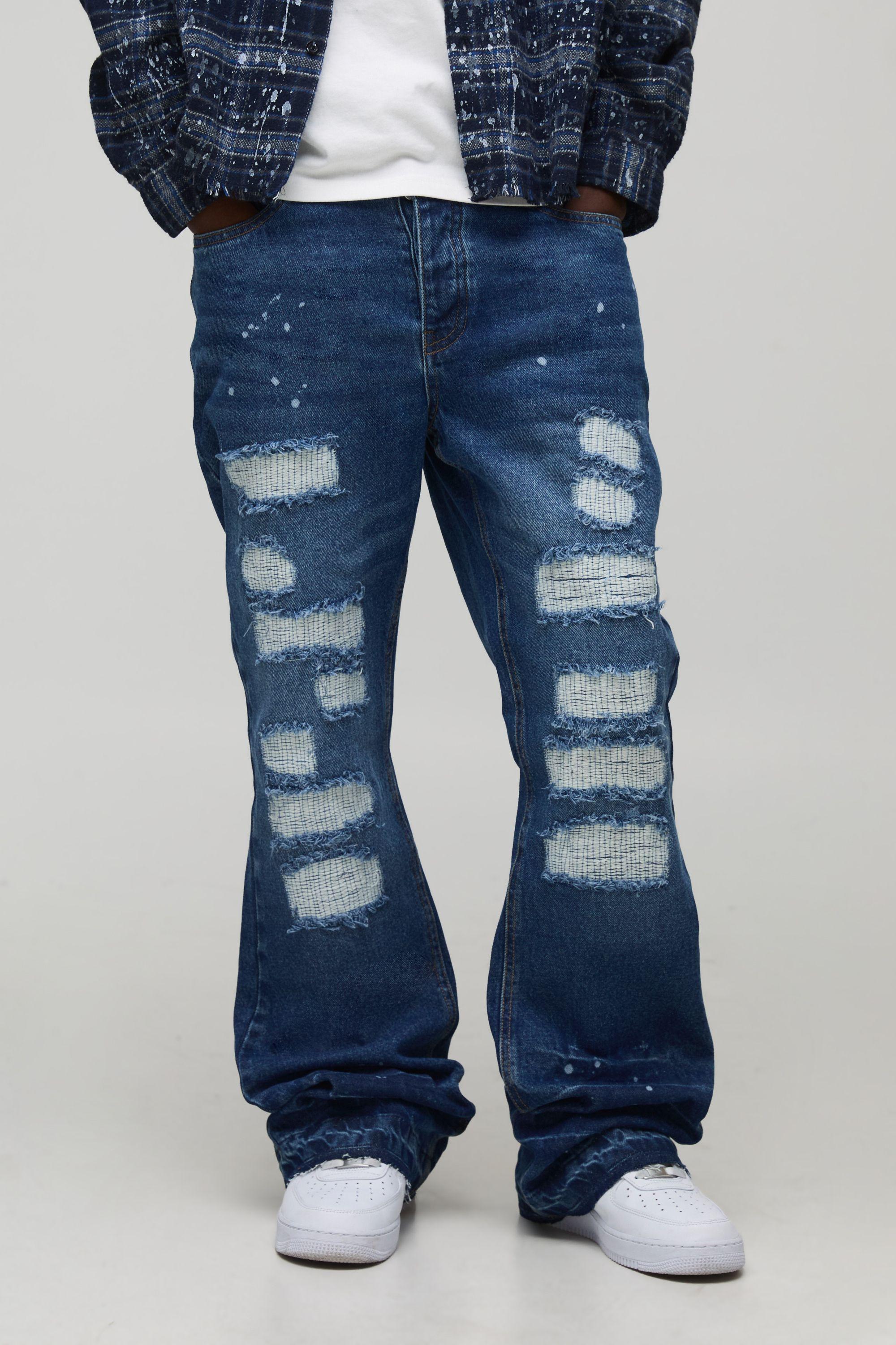 Straight Flared Stacked Stitch Ripped Detail Jeans by BOOHOOMAN