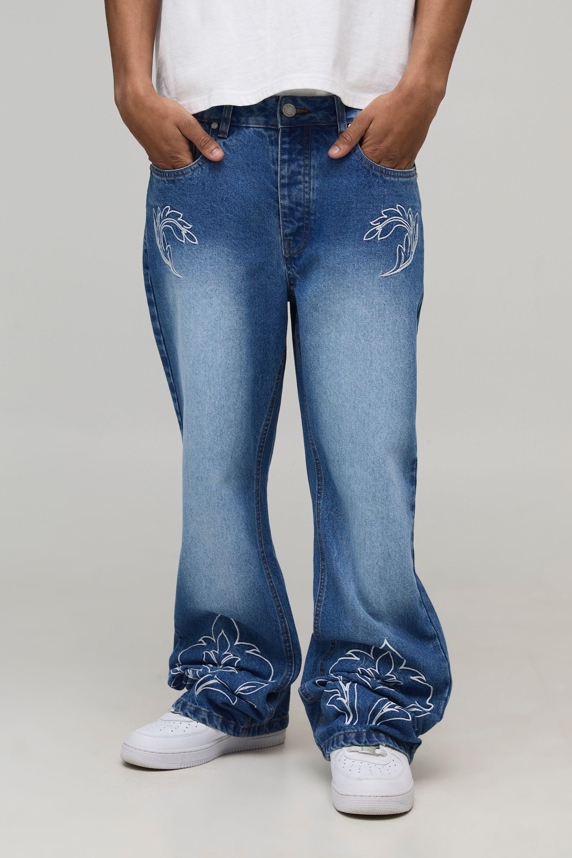 Straight Flared Western Embroidered Contrast Stitch Jeans by BOOHOOMAN