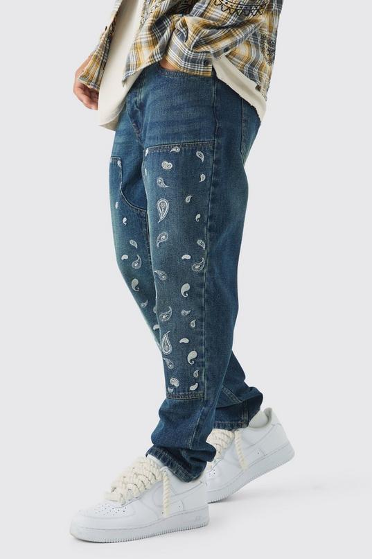 Straight Leg Antique Carpenter Paisley Embroidered Jeans by BOOHOOMAN