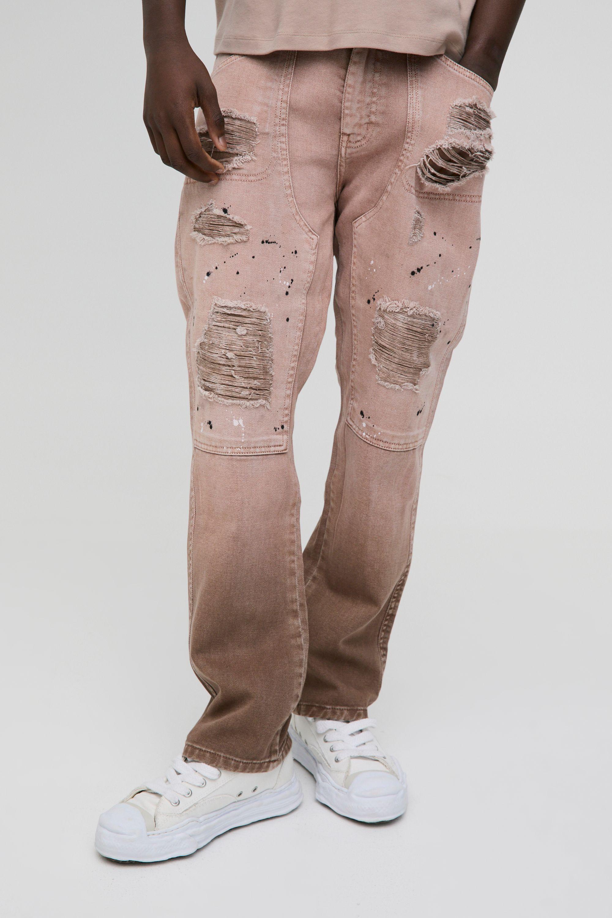 Straight Leg Ripped Paint Splatter Carpenter Jeans by BOOHOOMAN