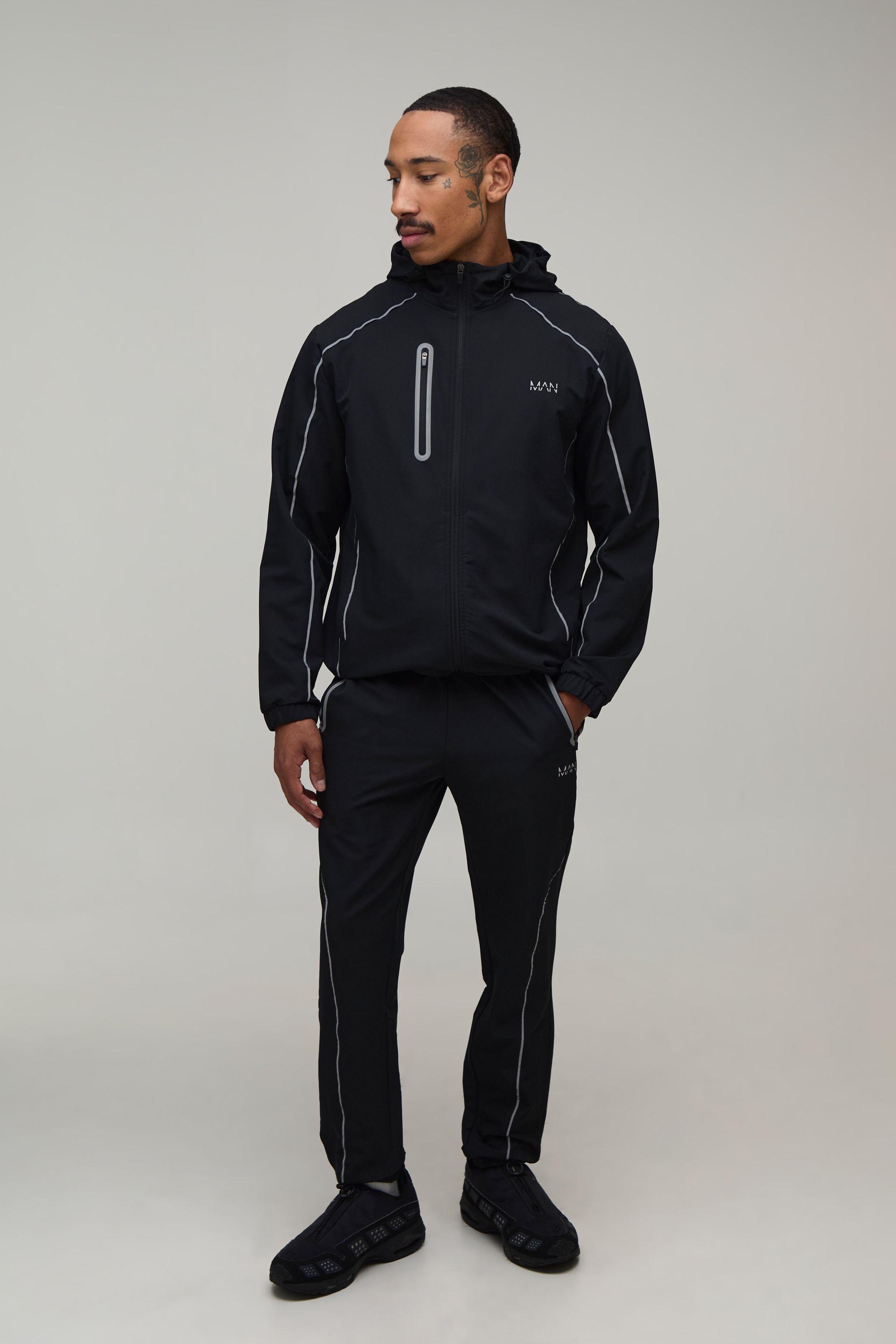 Stretch Woven Regular Fit Reflective Piping Tracksuit by BOOHOOMAN