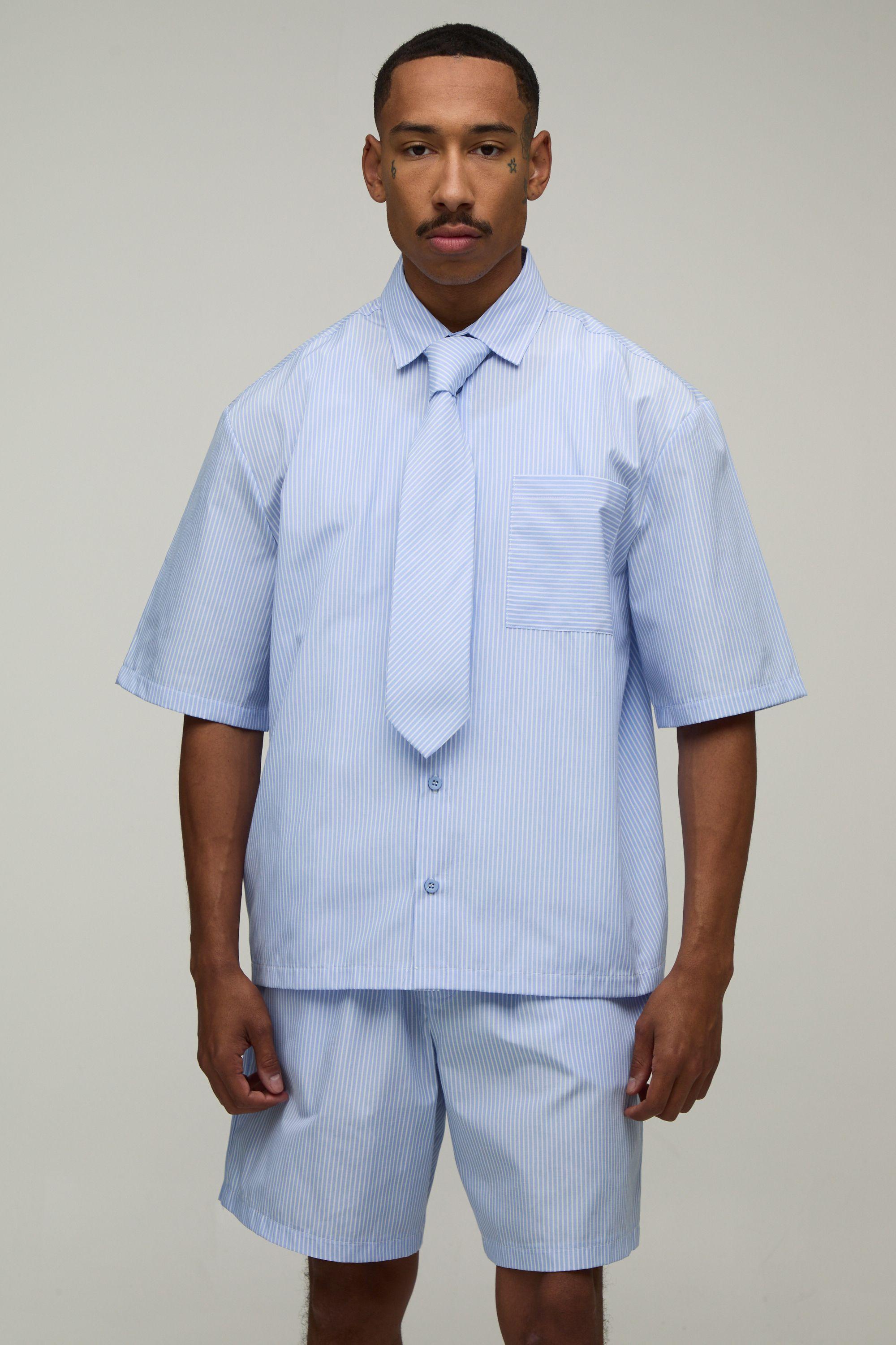 Stripe Boxy Shirt, Tie & Short Set by BOOHOOMAN