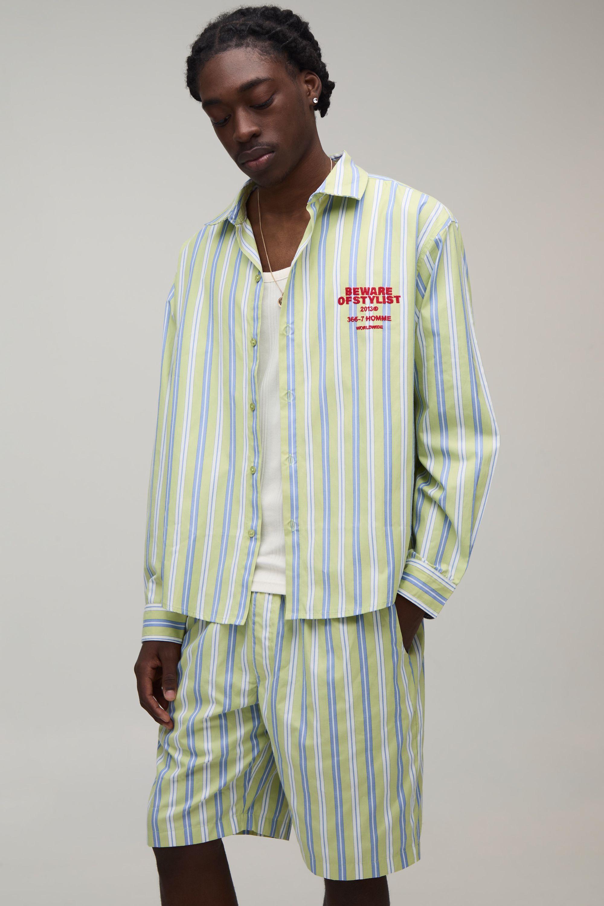Stripe Poplin Curved Hem Embroidered Oversized Long Sleeve Shirt & Baggy Short Set by BOOHOOMAN