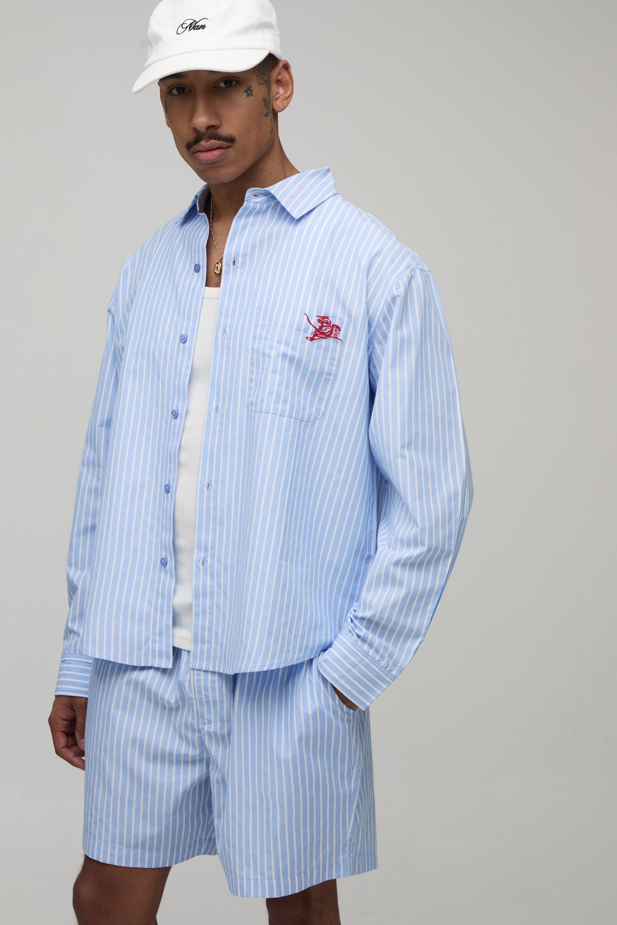 Stripe Poplin Curved Hem Embroidered Oversized Long Sleeve Shirt & Baggy Short Set by BOOHOOMAN