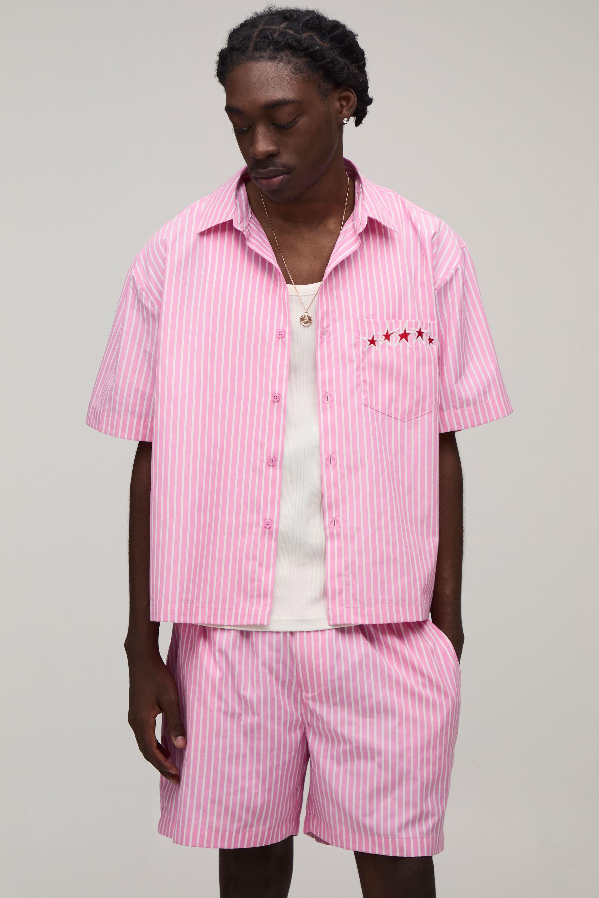 Stripe Poplin Pocket Detail Star Embroidered Oversized Shirt & Baggy Short Set by BOOHOOMAN
