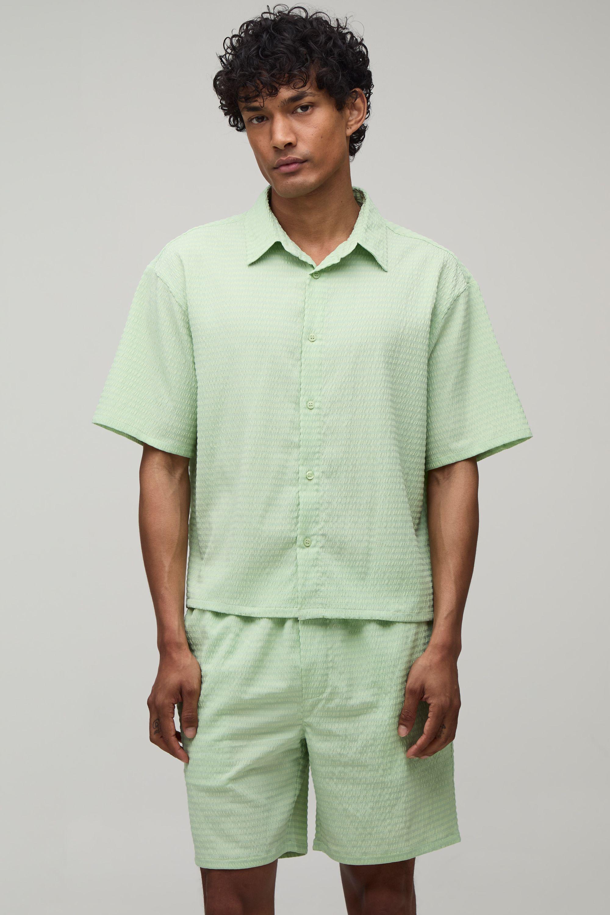 Stripe Seersucker Oversized Boxy Shirt & Relaxed Short Set by BOOHOOMAN