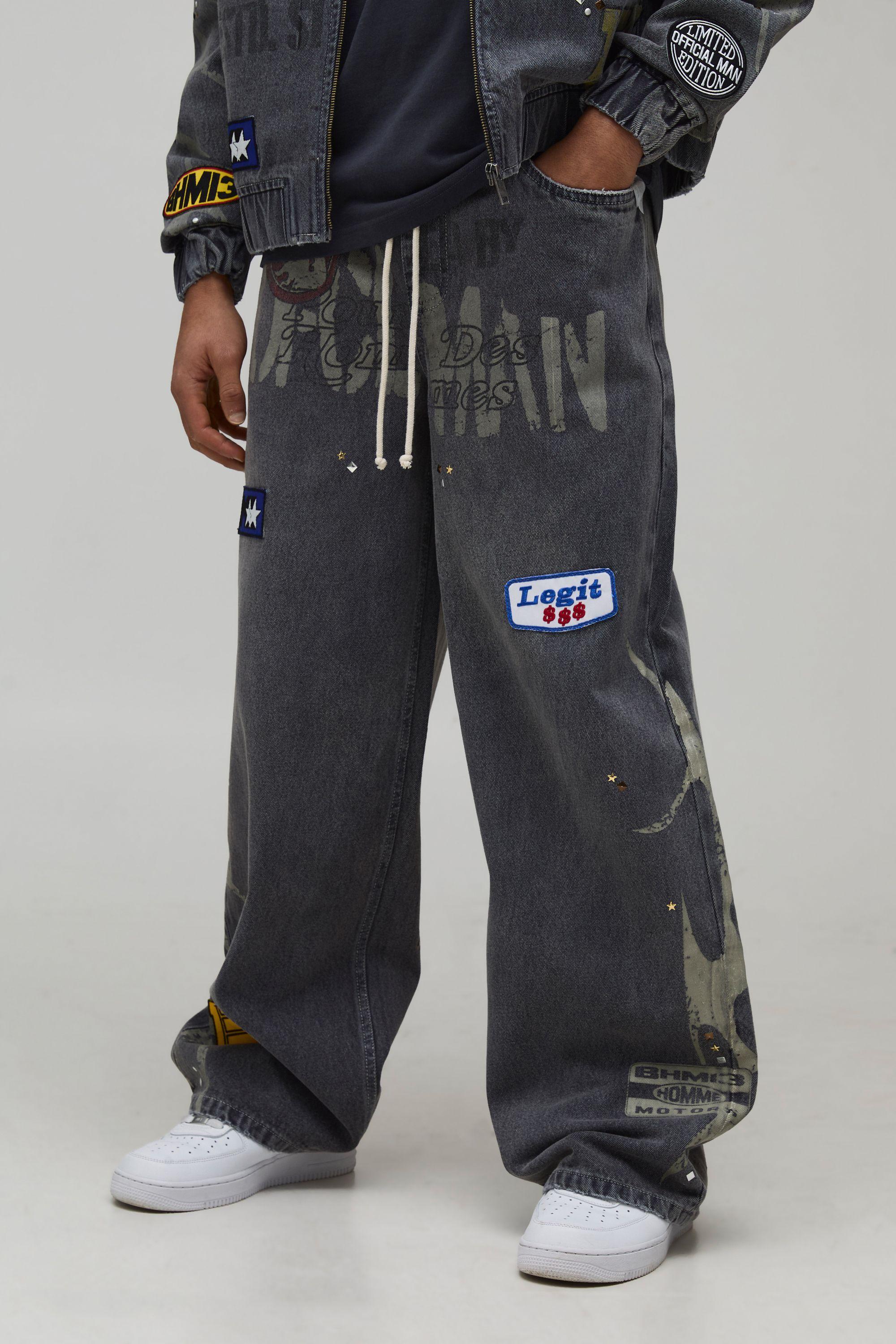 Studded Badge Detail Extended Drawcord Baggy Fit Jeans by BOOHOOMAN