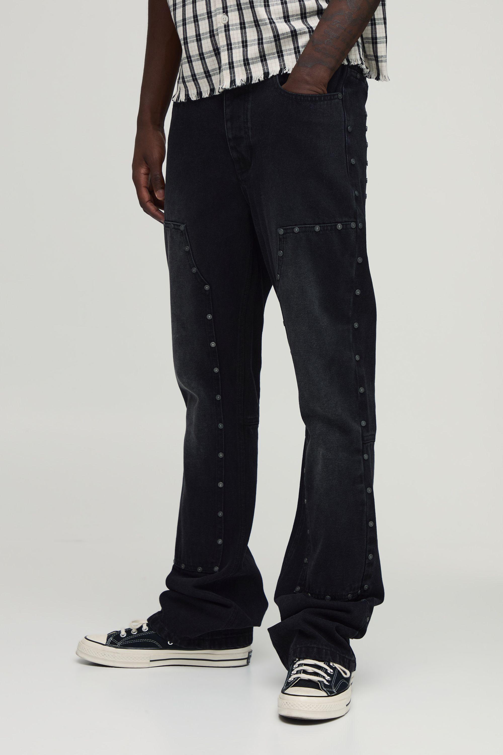 Studded Carpenter Stacked Slim Flared Jeans by BOOHOOMAN