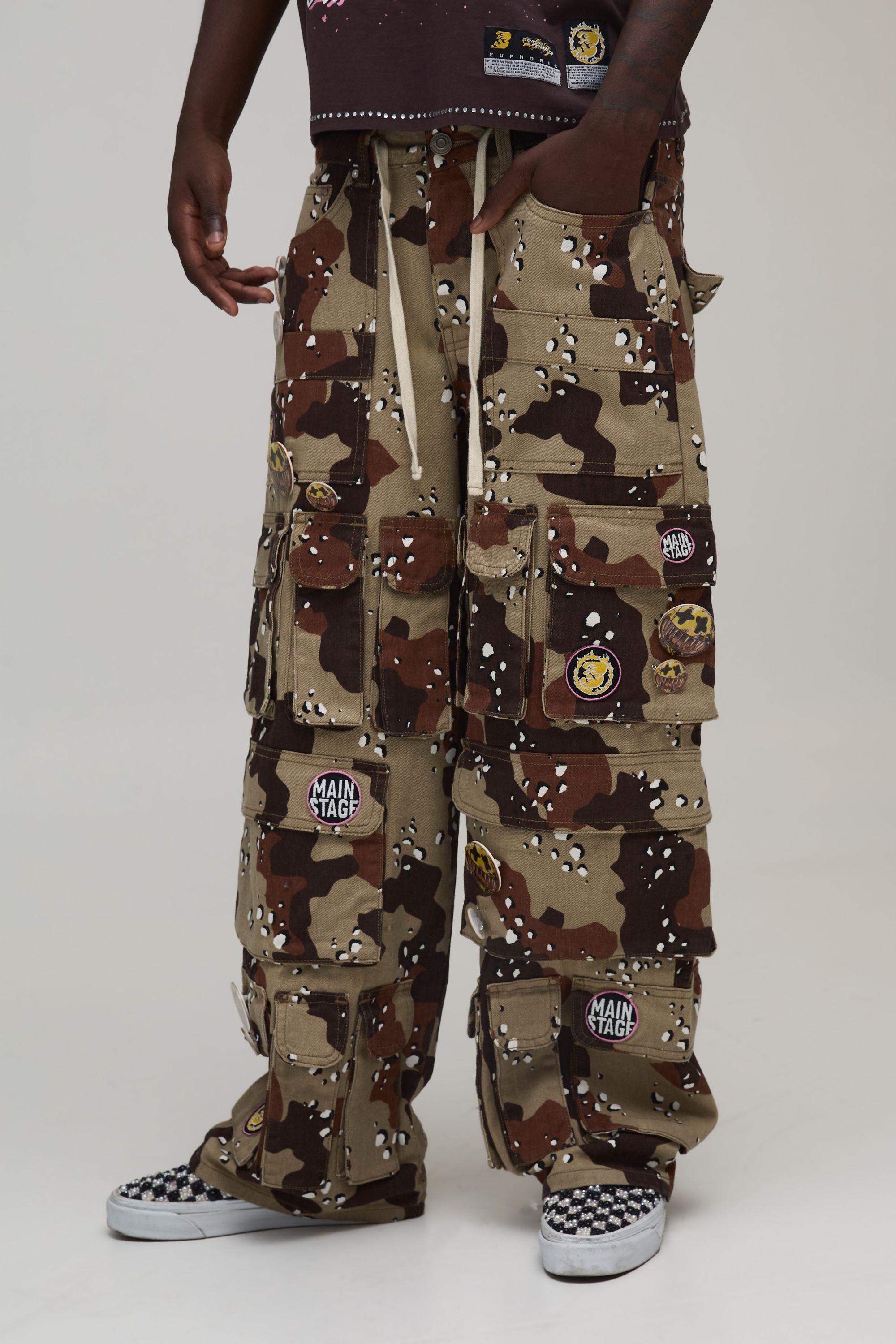 Super Baggy Fit Camo Badge Multi Pocket Trousers by BOOHOOMAN