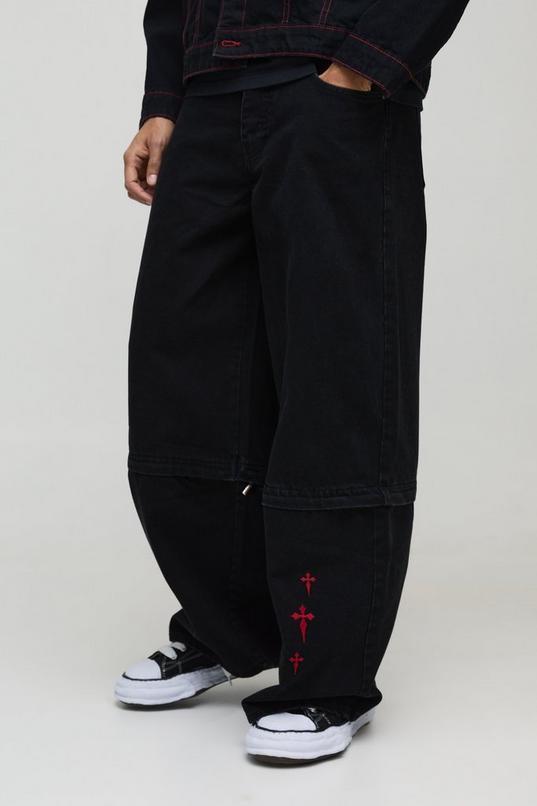 Super Baggy Rigid Zip Off Leg Cross Embroidery Denim Jeans by BOOHOOMAN