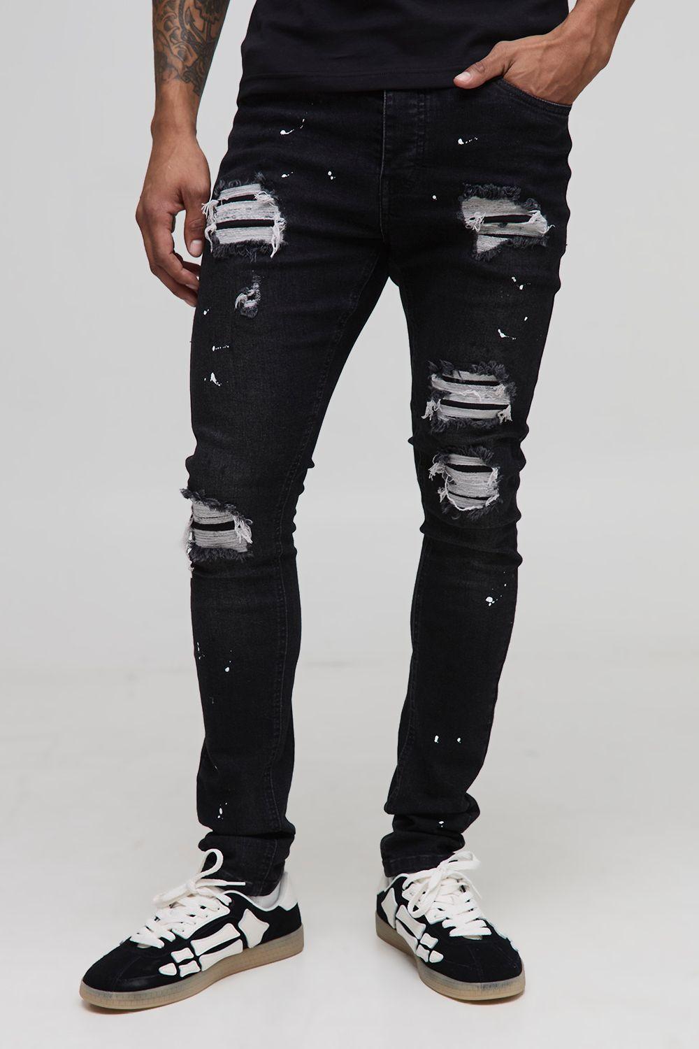 Super Skinny Stacked Rip & Repair Paint Splatter Jeans by BOOHOOMAN