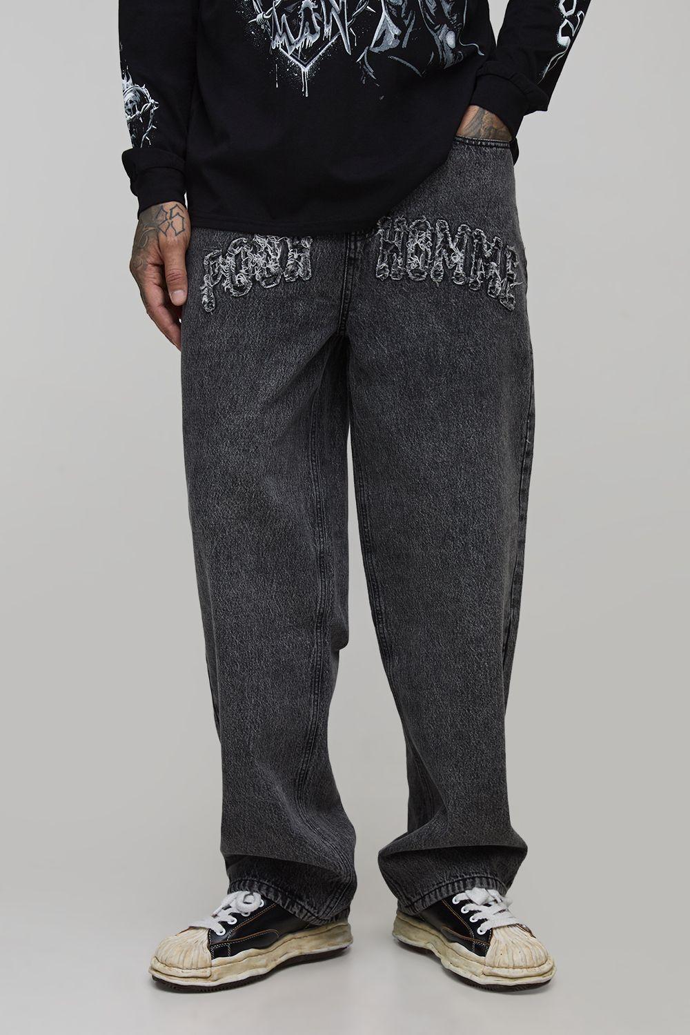 Tall Acid Wash Applique Relaxed Fit Jeans by BOOHOOMAN