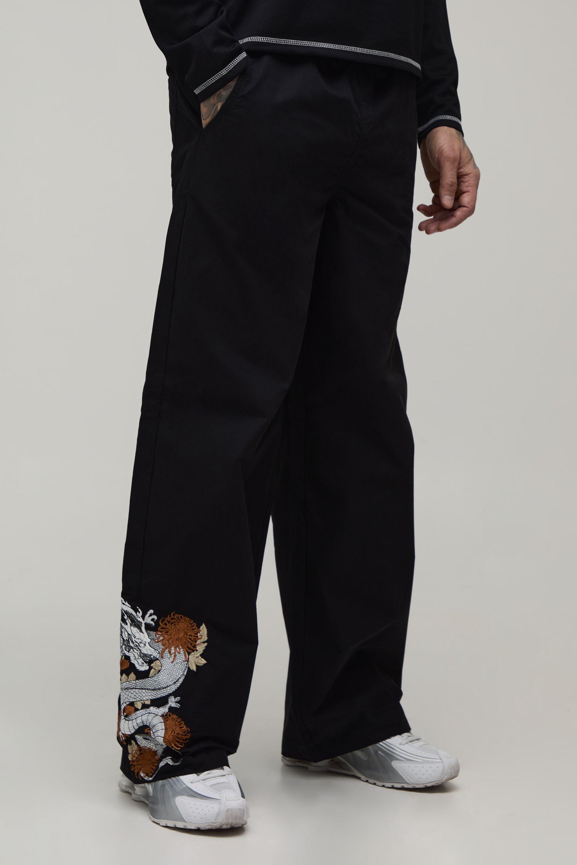 Tall Baggy Fit Dragon Embroidery Elasticated  Pants by BOOHOOMAN