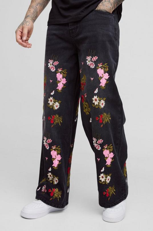 Tall Baggy Fit Floral Embroidered Jeans by BOOHOOMAN
