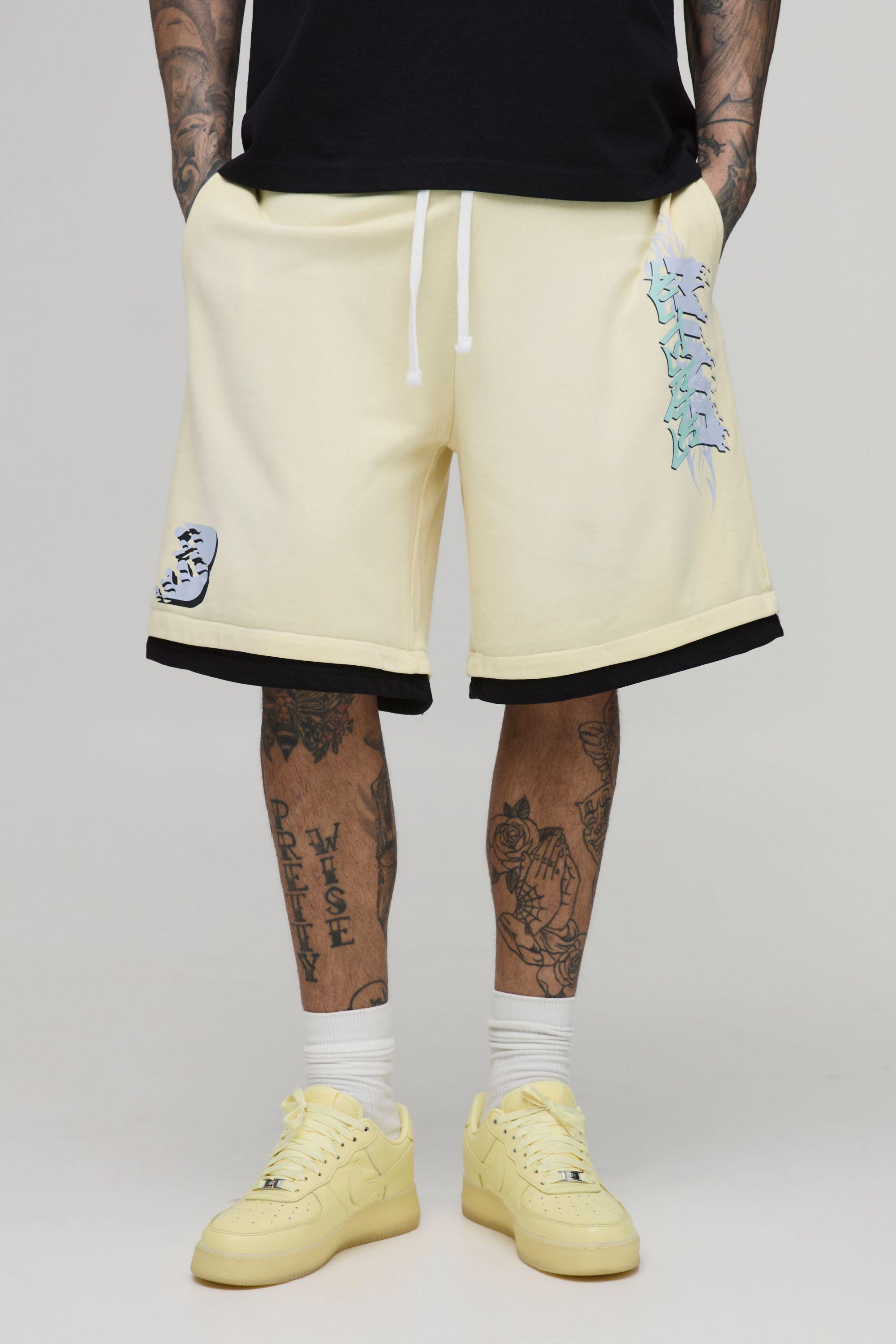 Tall Baggy Fit Graffiti Graphic Washed Jersey Short by BOOHOOMAN