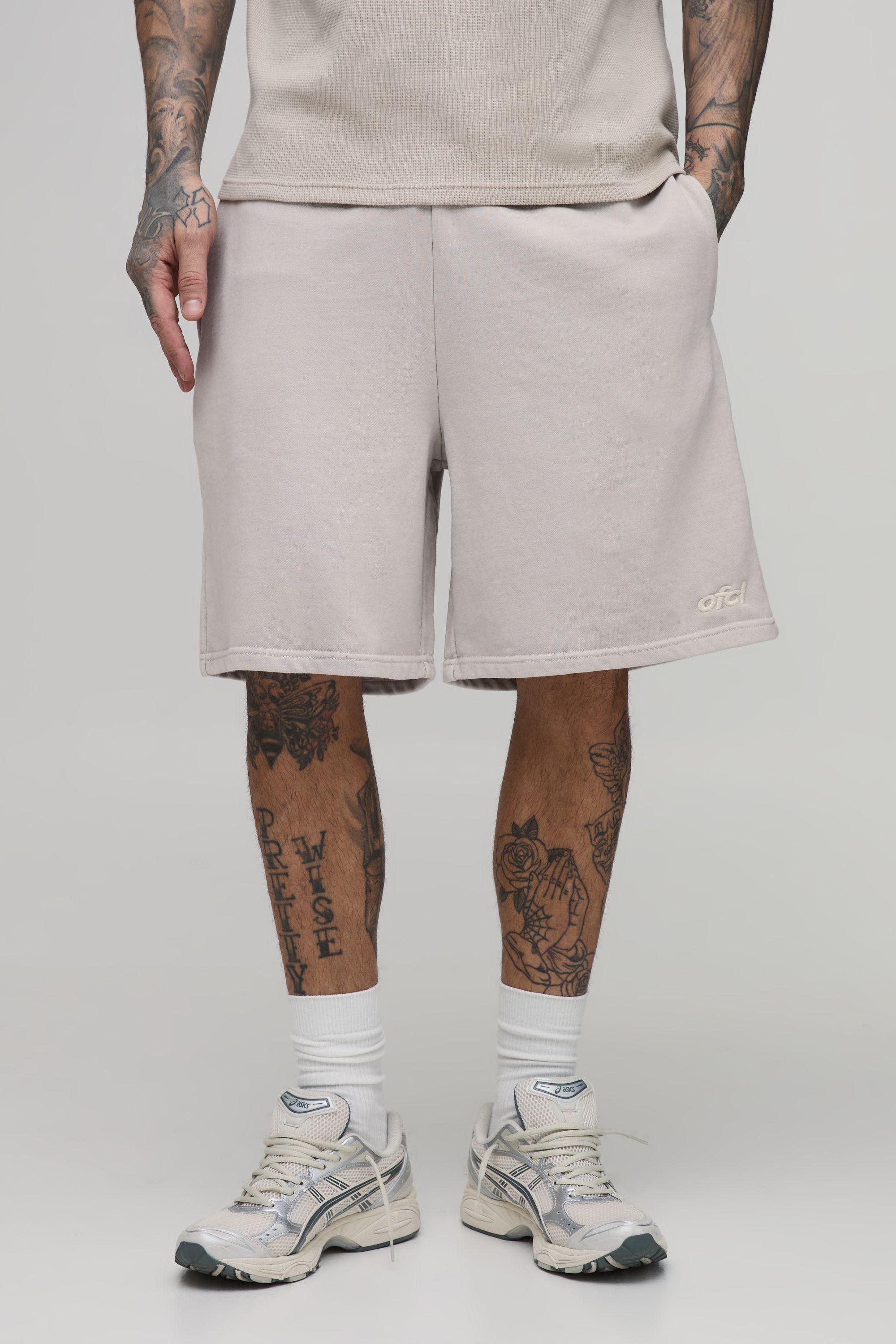 Tall Baggy Fit Heavyweight Washed Embroidered Loopback Short by BOOHOOMAN