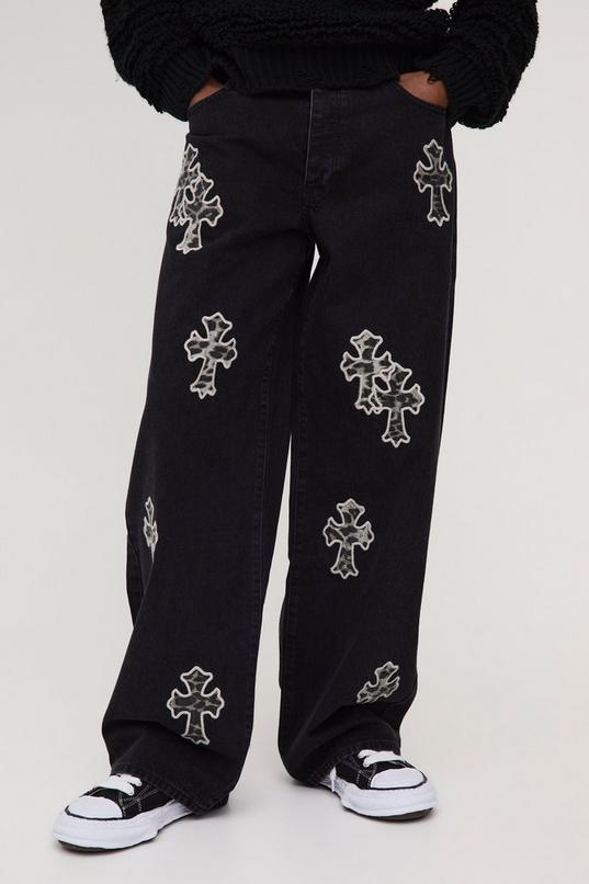 Tall Baggy Leopard Cross Applique Jeans by BOOHOOMAN