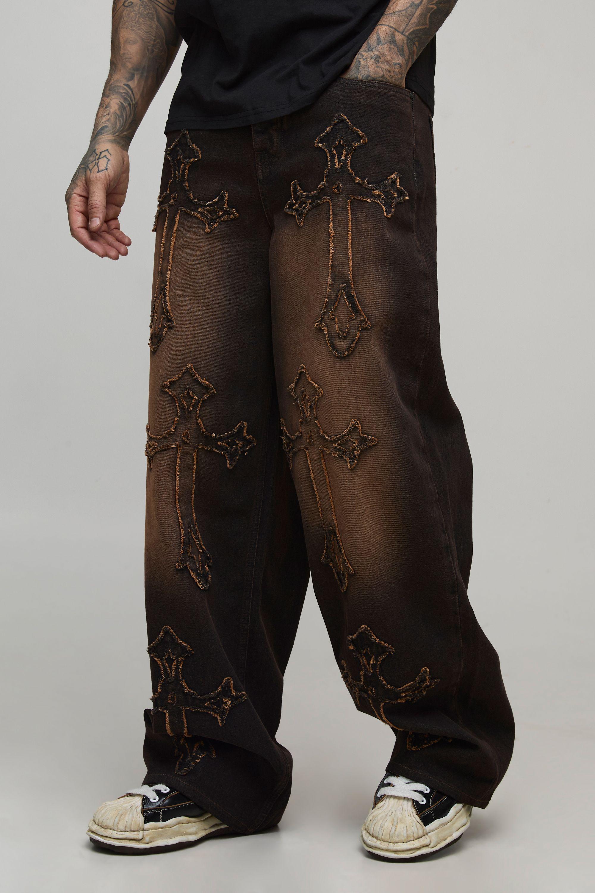 Tall Baggy Tinted Washed Cross Applique Jeans by BOOHOOMAN