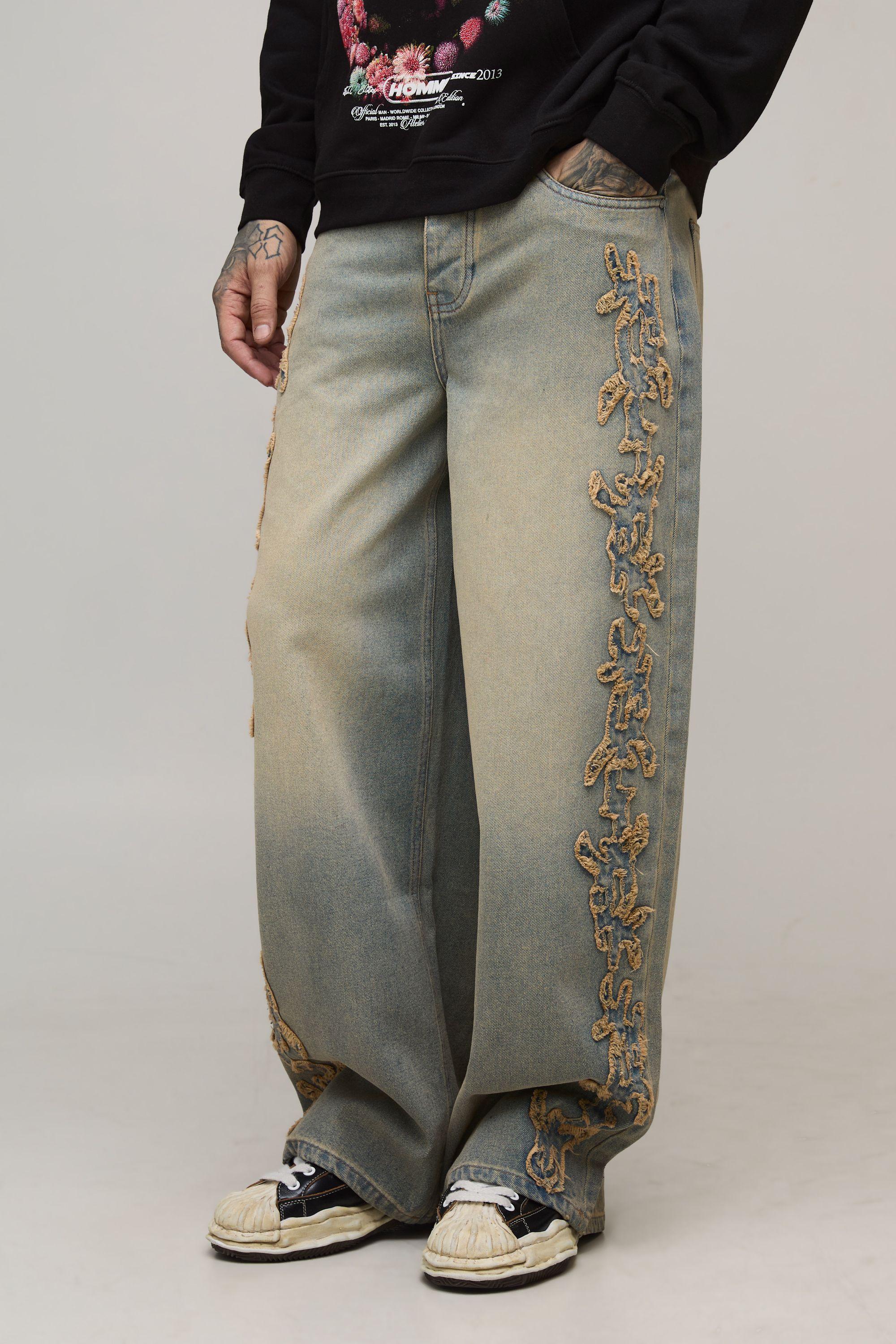 Tall Baggy Tribal Distressed Applique Tinted Washed Jeans by BOOHOOMAN
