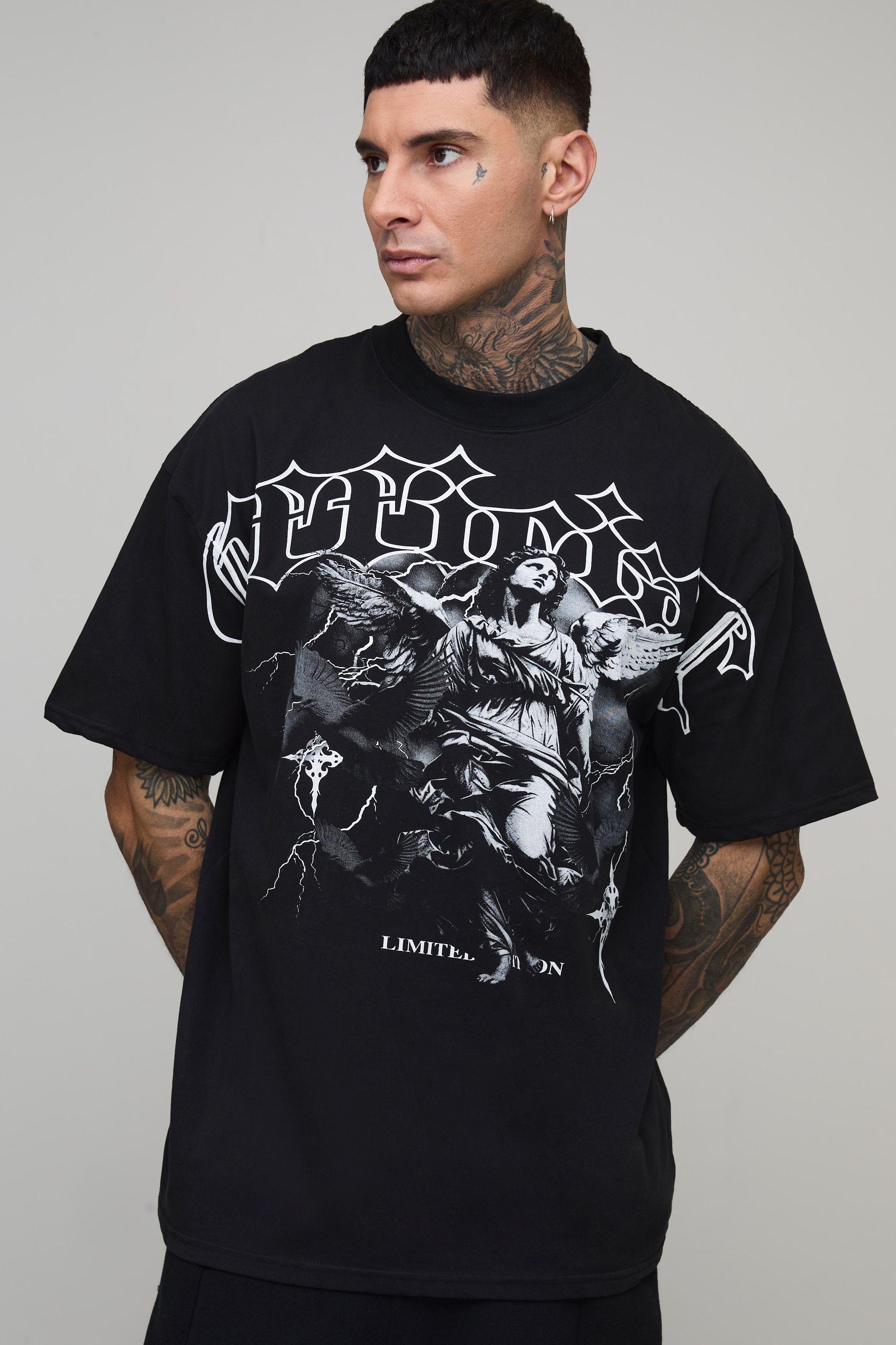 Tall Black Oversized Boxy Heavyweight Angel Printed T-Shirt by BOOHOOMAN