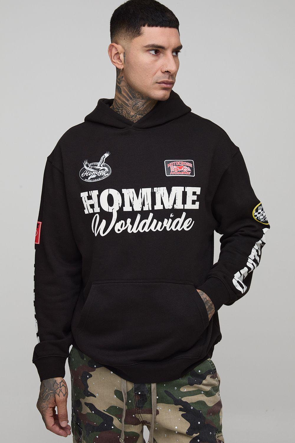 Tall Black Oversized Puff Print Moto Badge Printed Hoodie by BOOHOOMAN