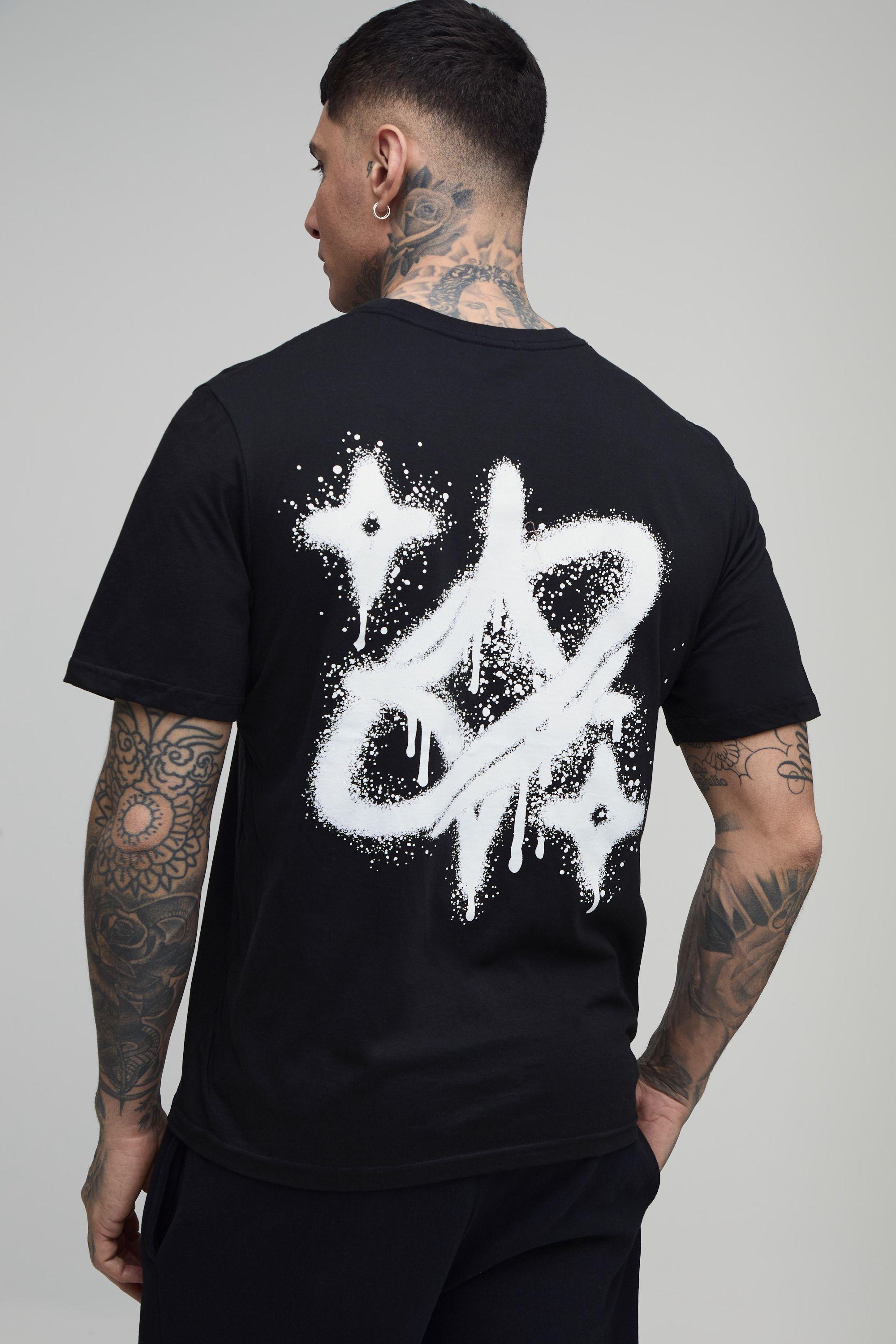 Tall Black Regular Graffiti Star Print T-Shirt by BOOHOOMAN