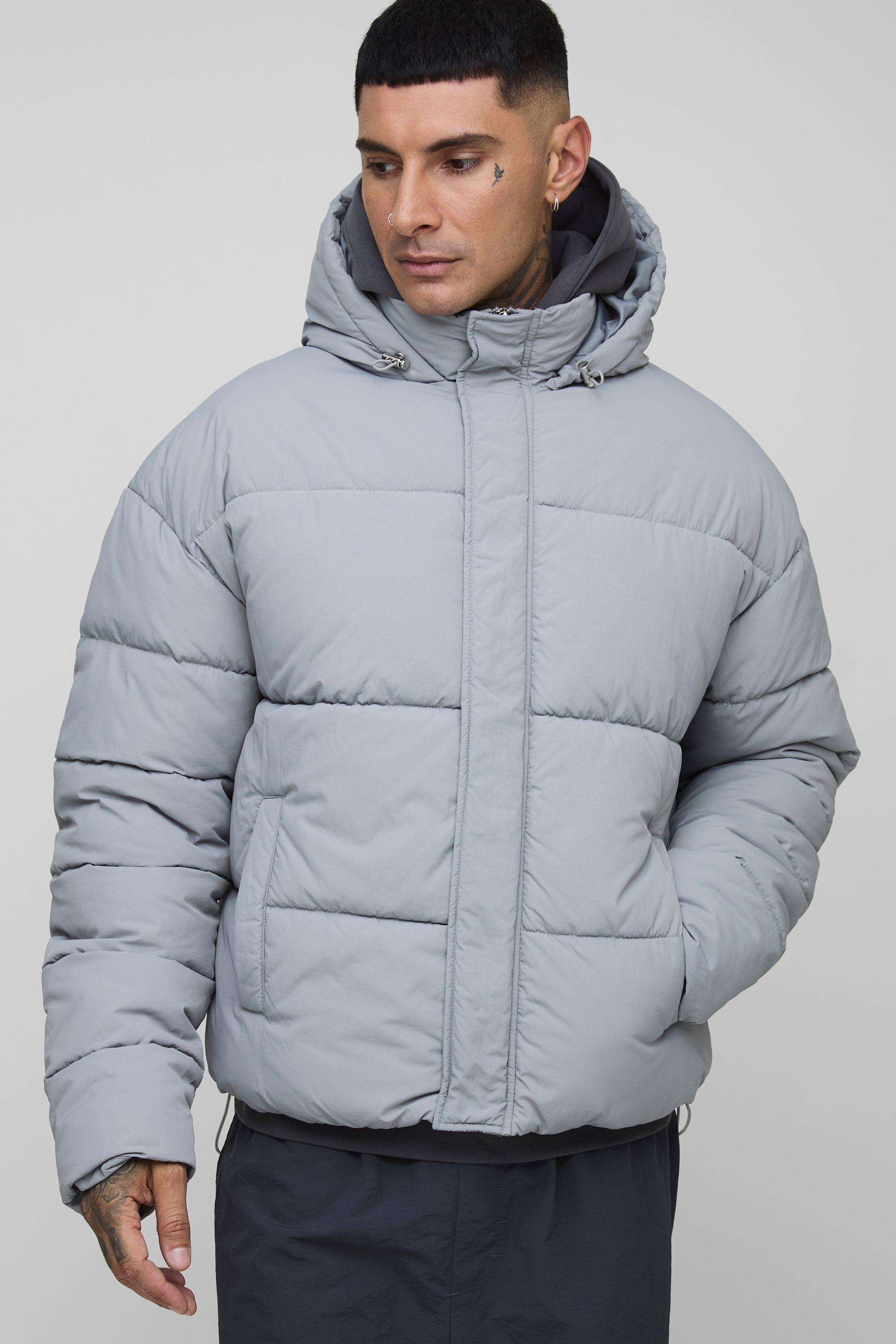 Tall Boxy Crinkle Nylon Puffer In Light Grey by BOOHOOMAN Tall Boxy Crinkle Nylon Puffer In Light Grey by BOOHOOMAN