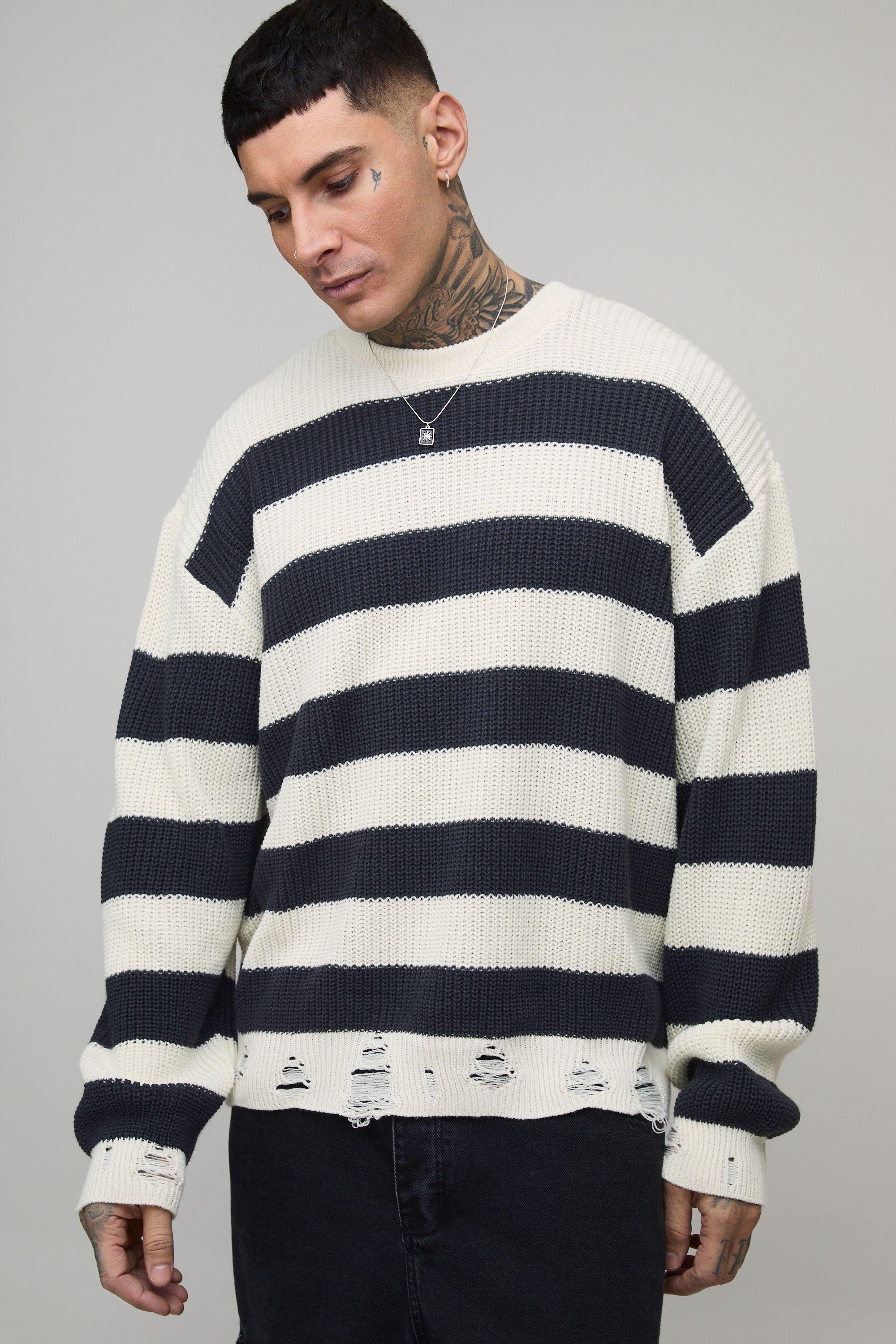 Tall Boxy Distressed Striped Knitted Jumper by BOOHOOMAN Tall Boxy Distressed Striped Knitted Jumper by BOOHOOMAN