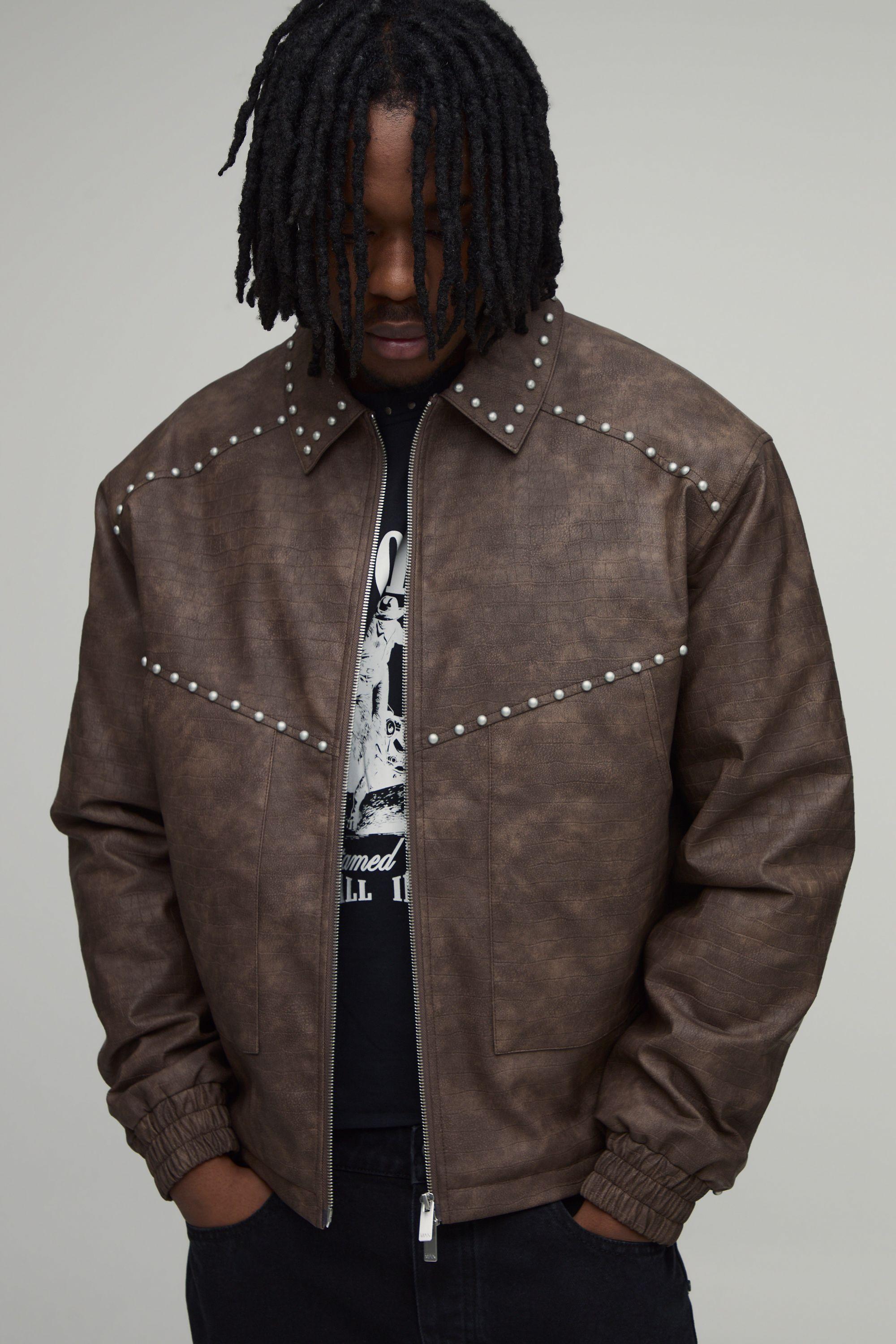 Tall Boxy Fit Croc PU Studded Embellished Harrington Jacket by BOOHOOMAN
