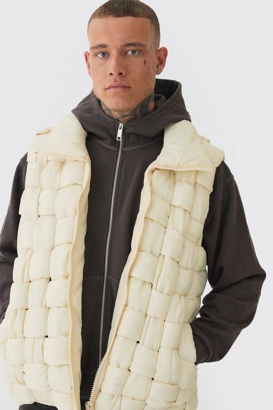 Tall Boxy Fit Hand Weft Padded Gilet In Stone by BOOHOOMAN