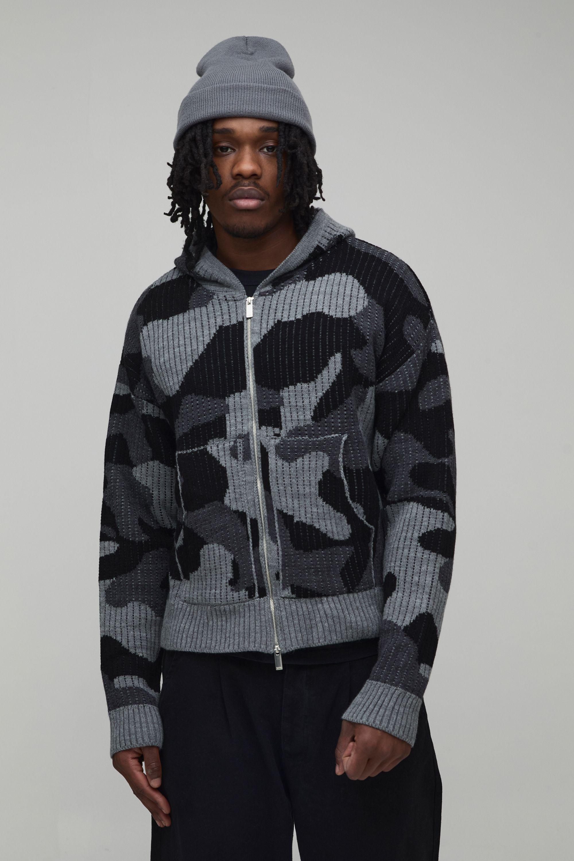 Tall Boxy Fit Ribbed Camo Jacquard Knitted Zip Through Hoodie by BOOHOOMAN
