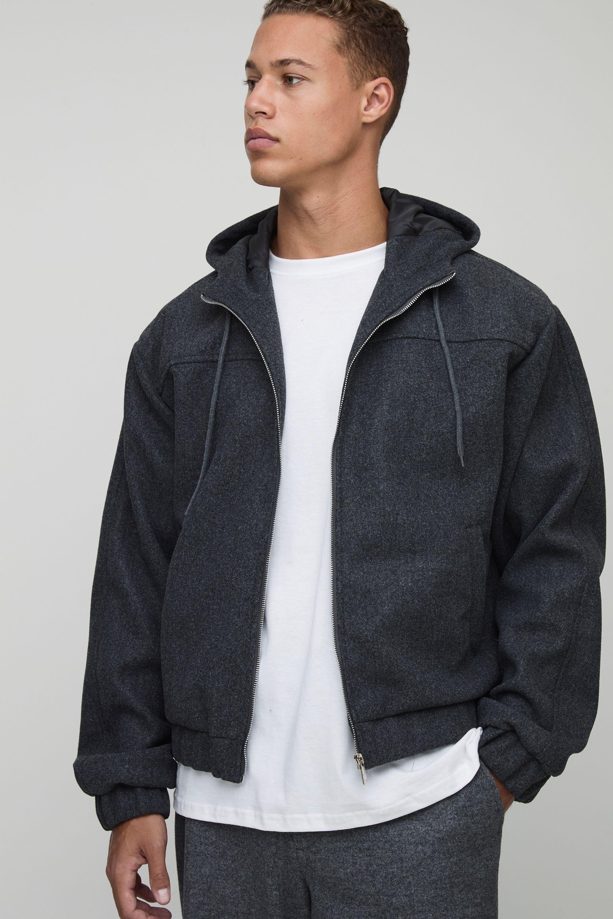 Tall Boxy Melton Hooded Bomber Jacket In Charcoal by BOOHOOMAN