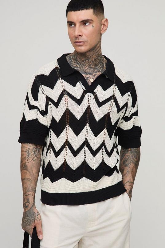 Tall Boxy Oversized Abstract Open Knit Polo by BOOHOOMAN