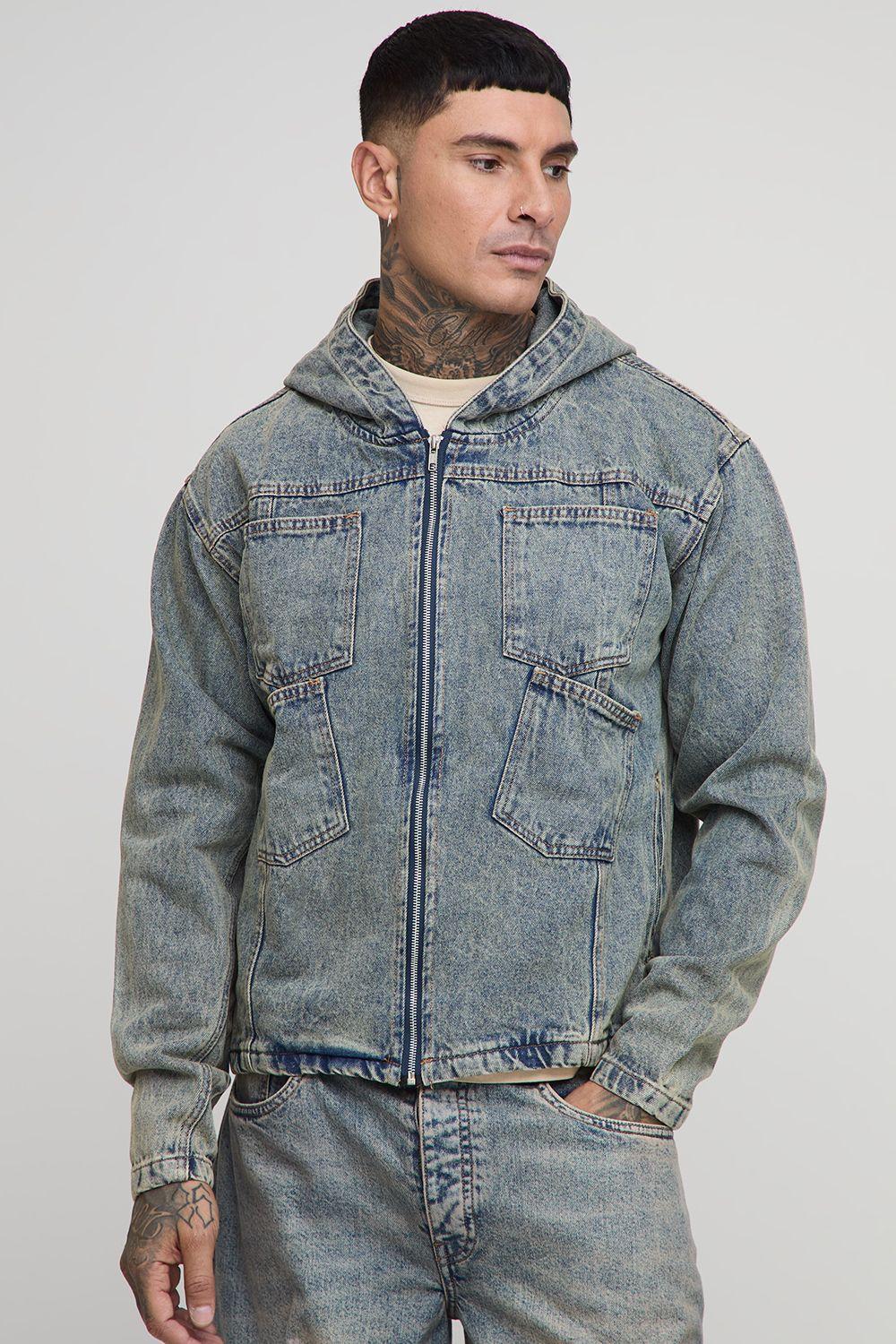 Tall Boxy Oversized Fit Tinted Denim Hoodie by BOOHOOMAN