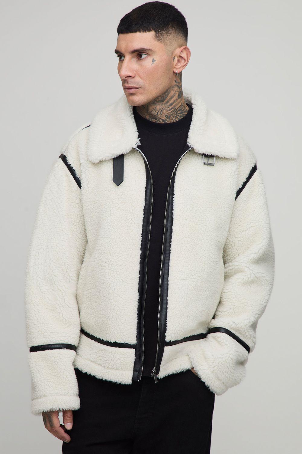 Tall Boxy Oversized PU Trim Borg Aviator Jacket by BOOHOOMAN Tall Boxy Oversized PU Trim Borg Aviator Jacket by BOOHOOMAN