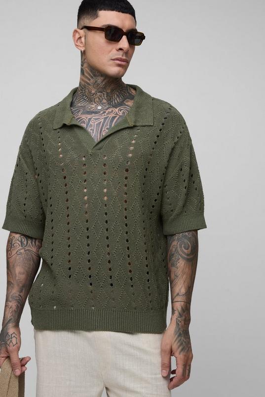 Tall Boxy Oversized Stripe Open Knit Polo by BOOHOOMAN