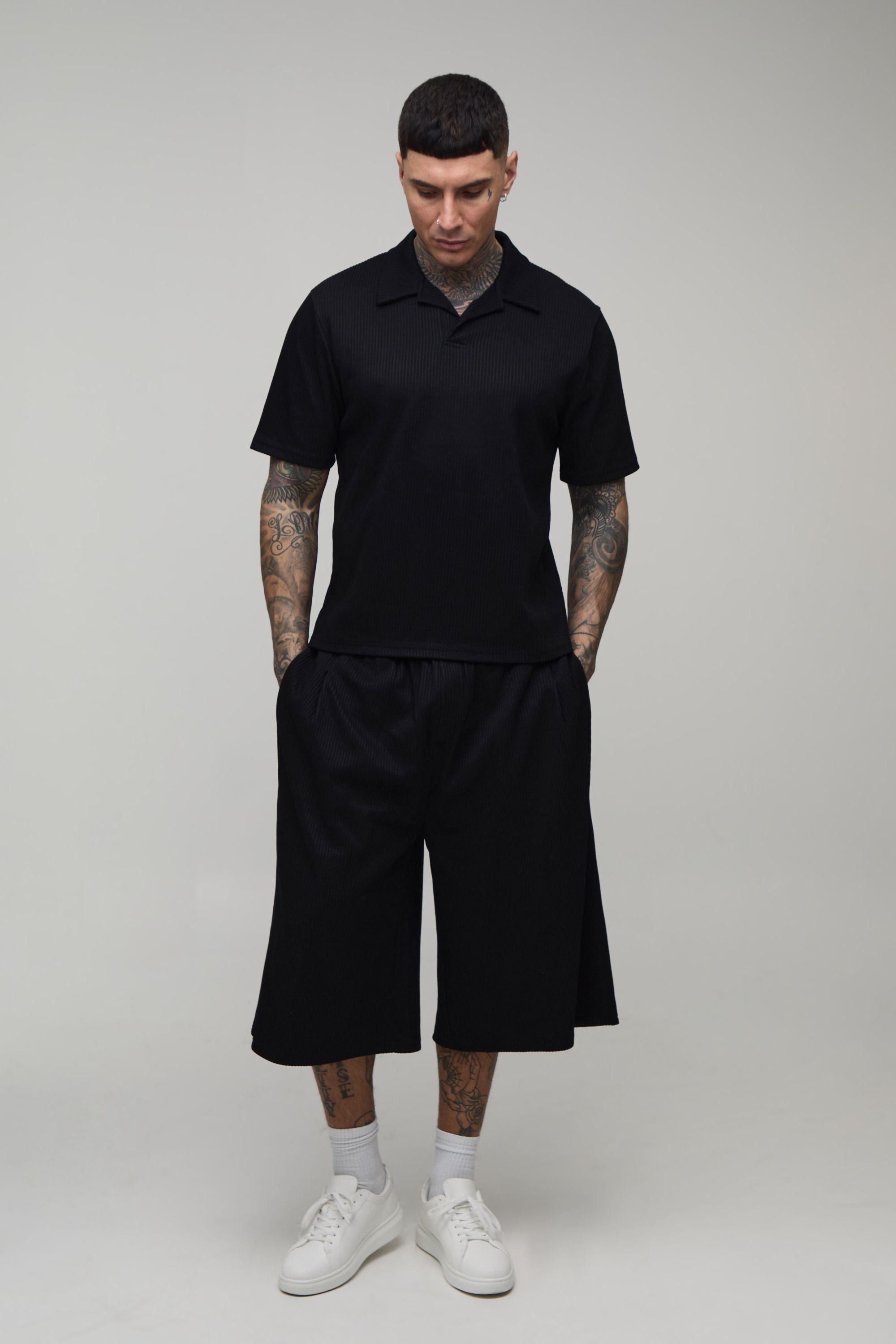 Tall Boxy Pleated Revere Polo & Bermuda Short Set by BOOHOOMAN