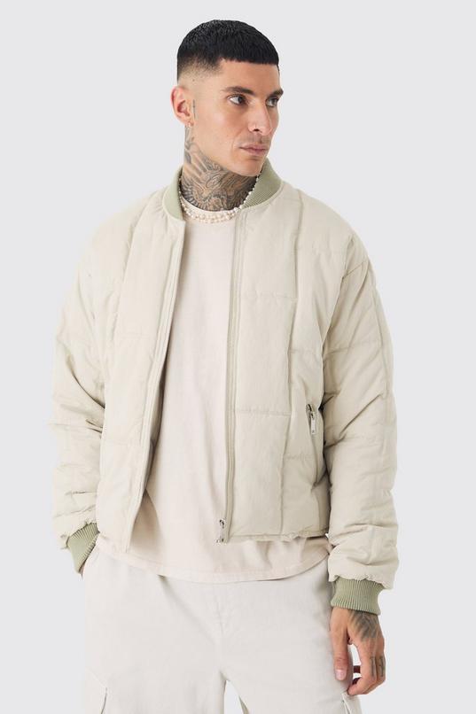 Tall Boxy Quilted Bomber Jacket In Stone by BOOHOOMAN