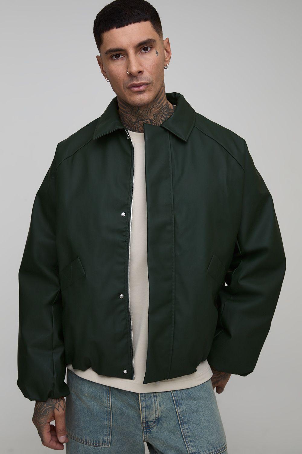 Tall Boxy Soft PU Collared Padded Harrington Jacket by BOOHOOMAN Tall Boxy Soft PU Collared Padded Harrington Jacket by BOOHOOMAN