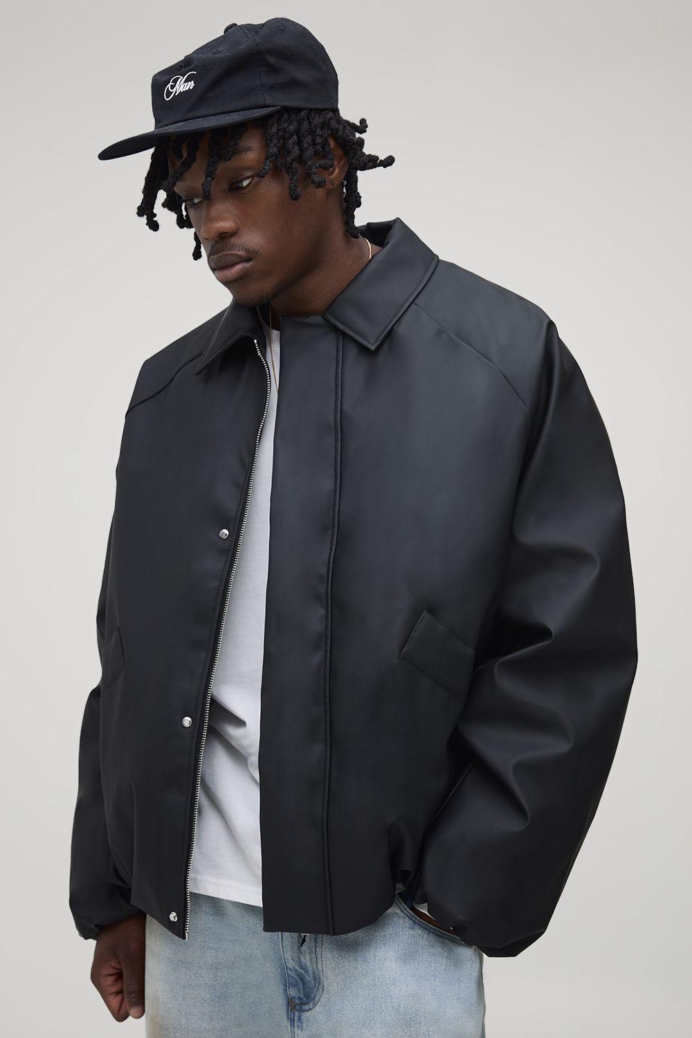 Tall Boxy Soft PU Collared Padded Harrington Jacket by BOOHOOMAN