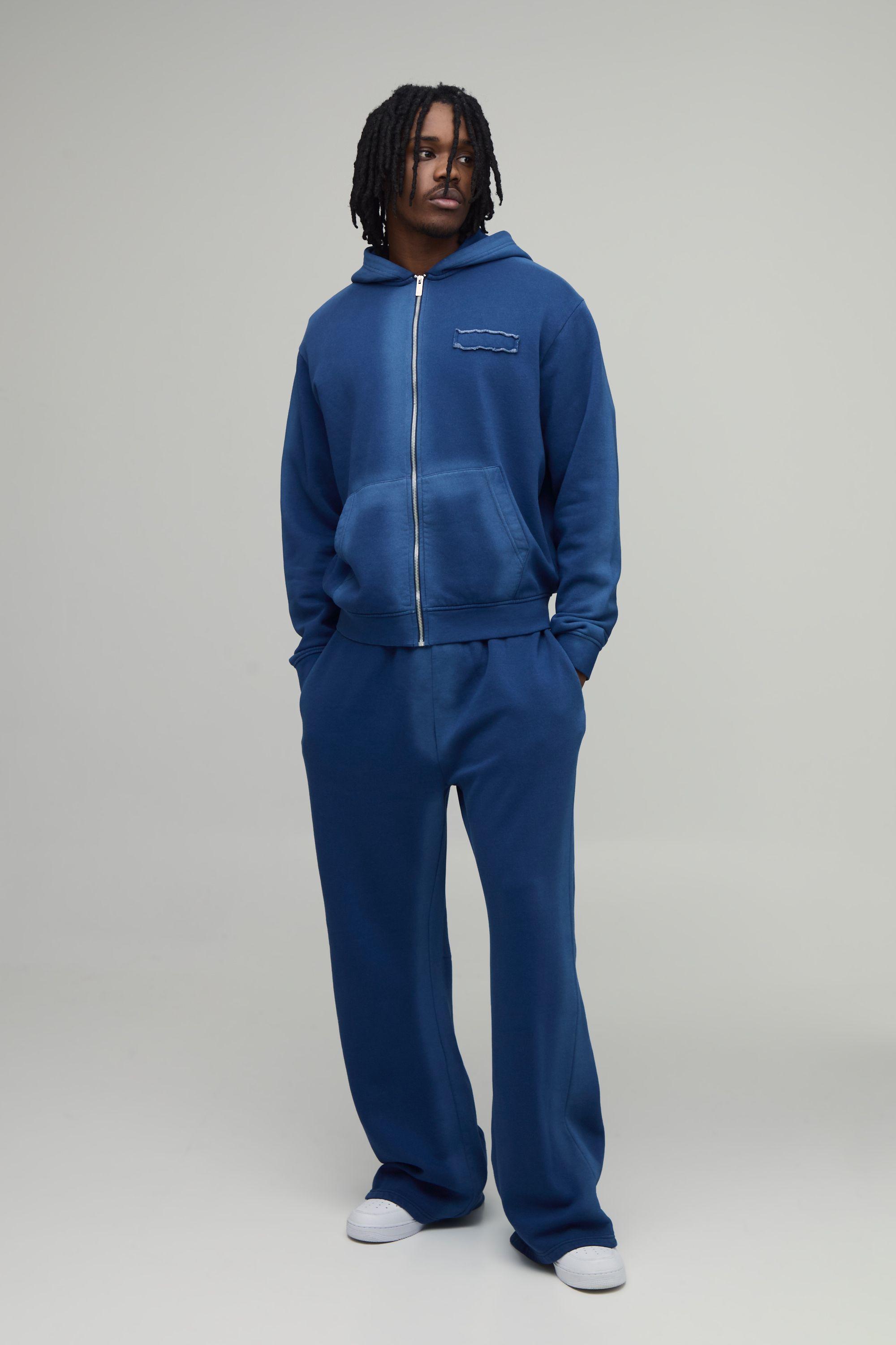 Tall Boxy Spray Seam Distressed Applique Zip Through Hooded Tracksuit by BOOHOOMAN