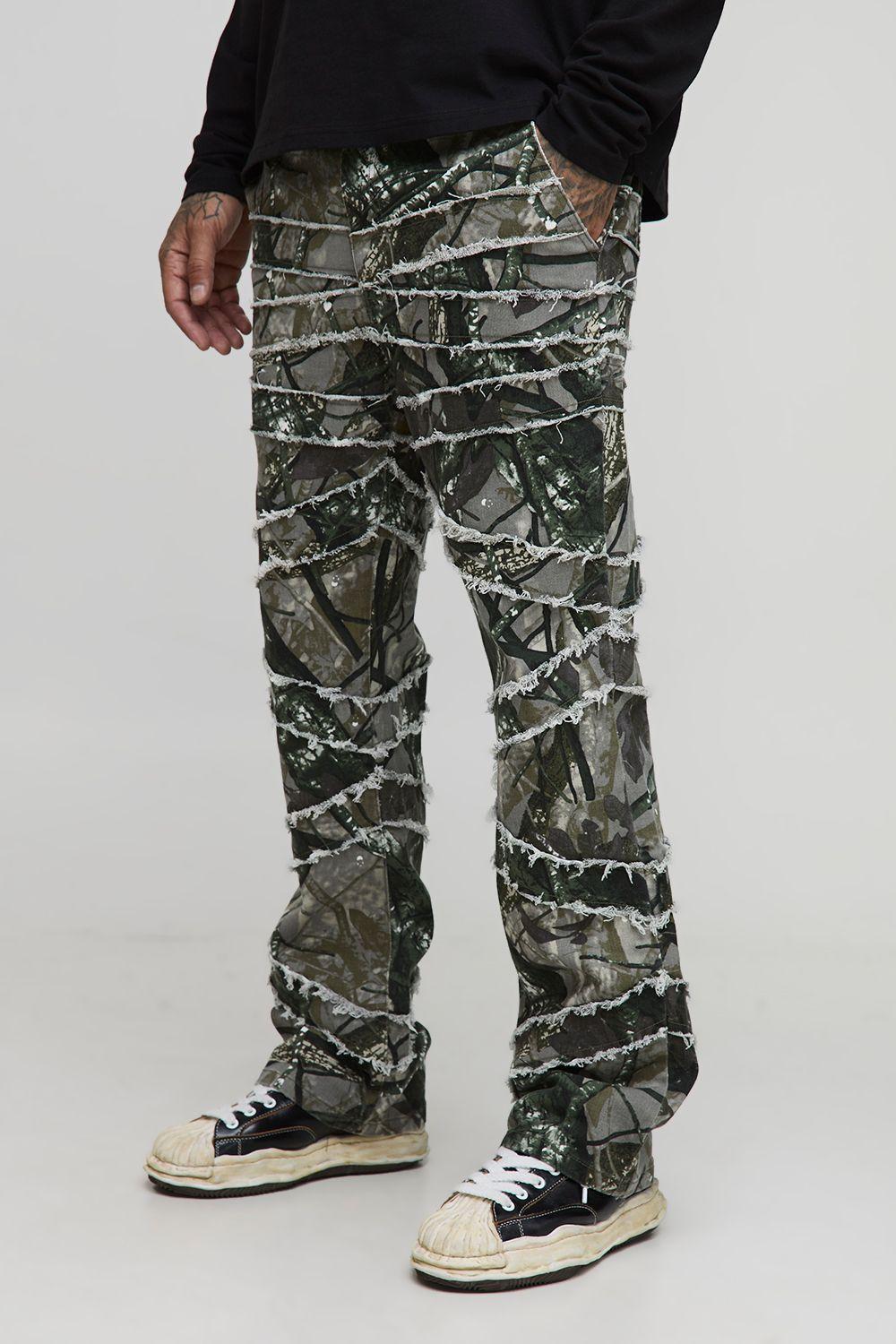 Tall Camo Print Skinny Flare Raw Edge Applique Trouser by BOOHOOMAN