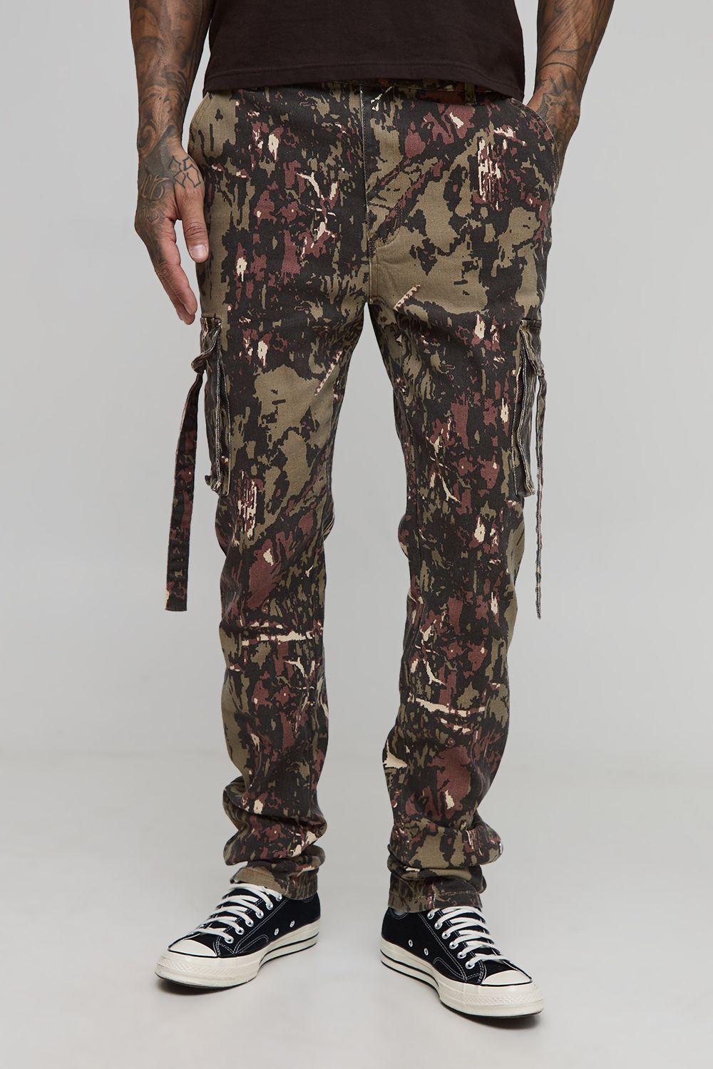 Tall Camo Print Stacked Skinny Fit Popper Hem Trouser by BOOHOOMAN