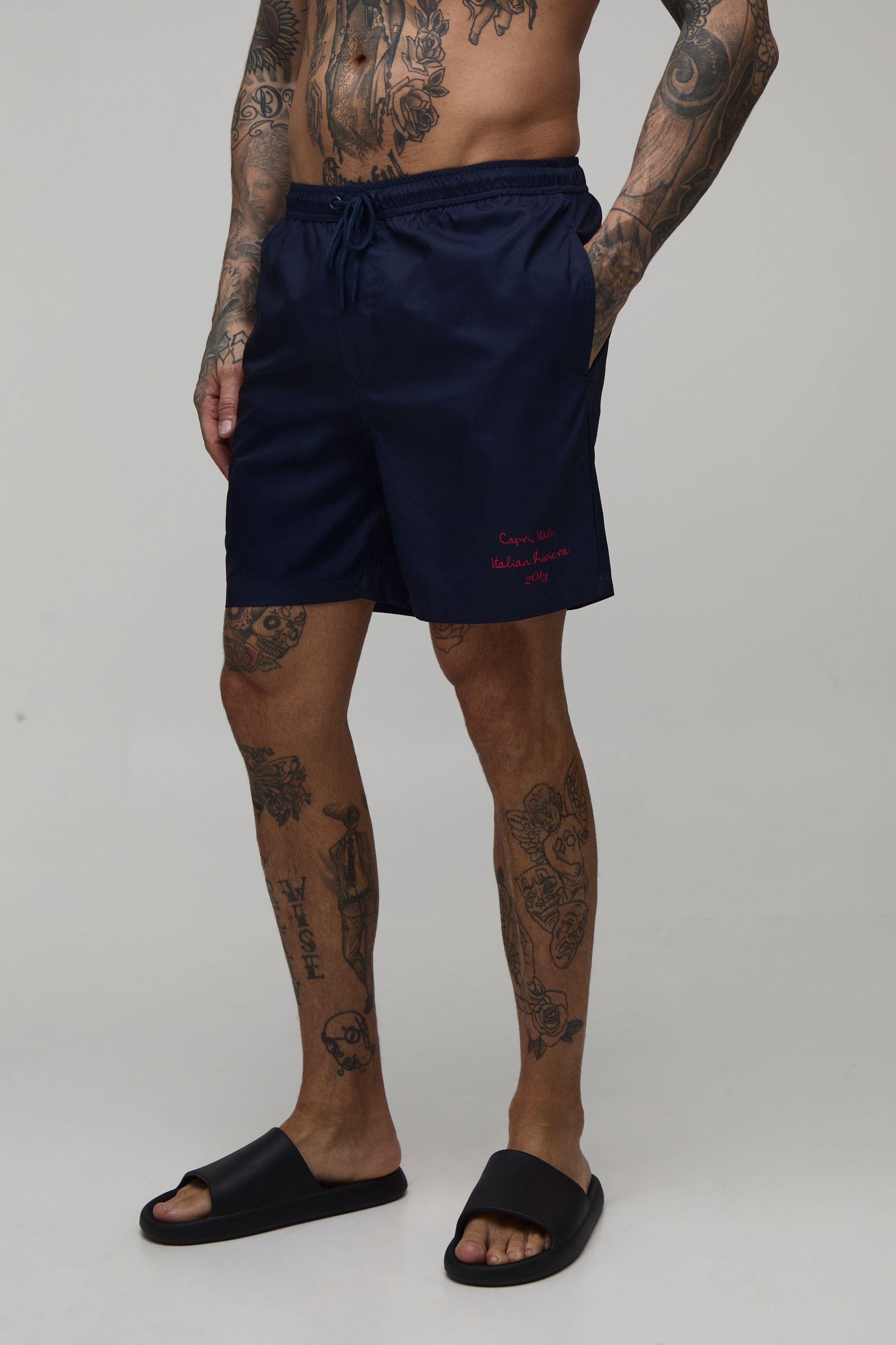 Tall Capri Placement Print Mid Length Swim Shorts by BOOHOOMAN