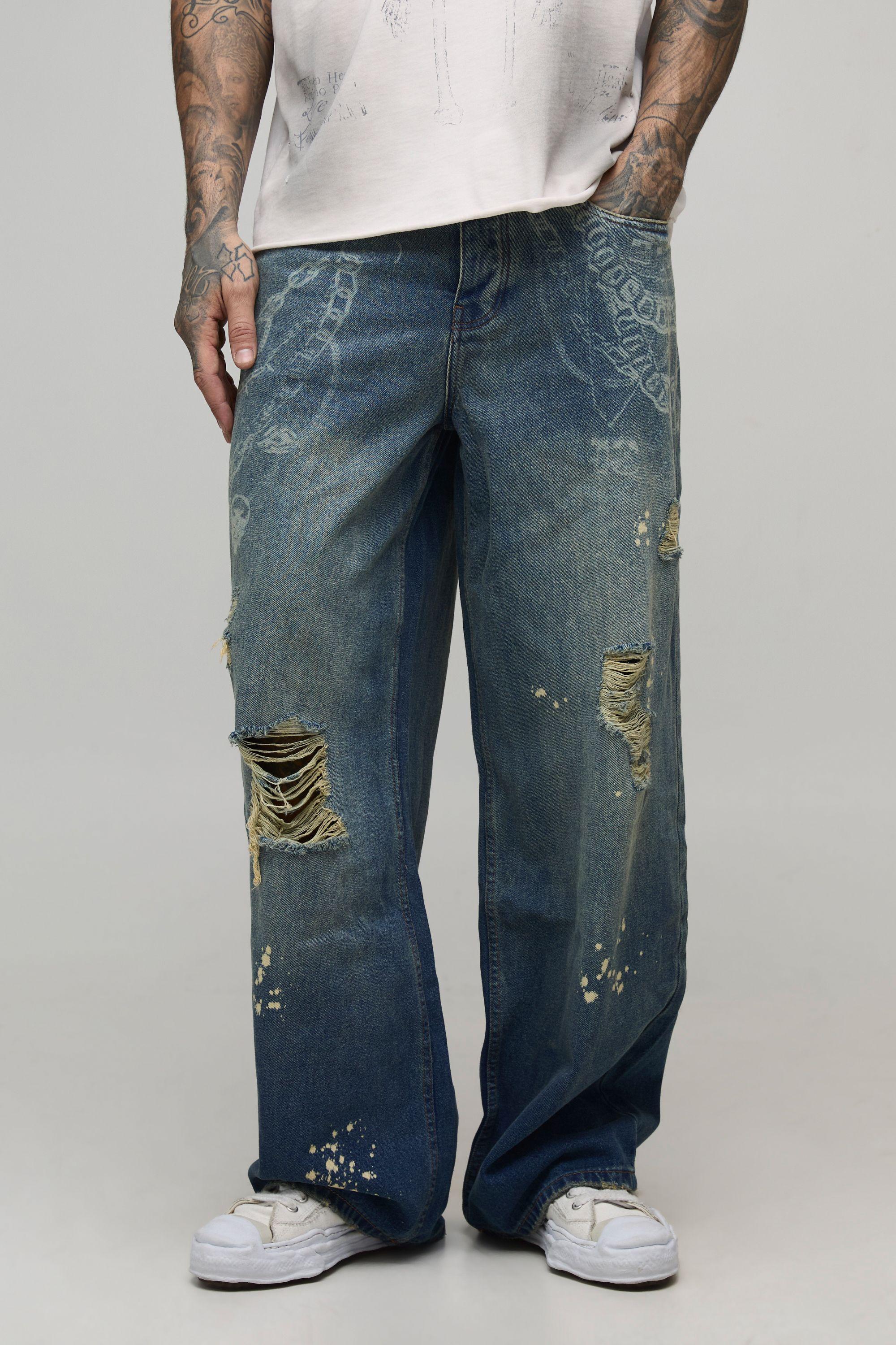 Tall Chain Printed Ripped Baggy Fit Jeans by BOOHOOMAN