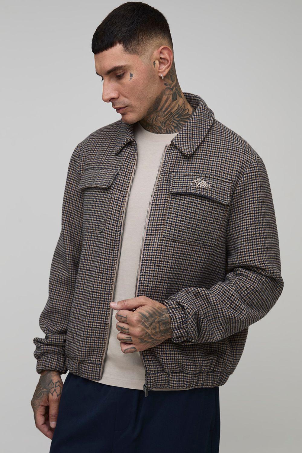 Tall Check Boxy Regular Fit Harrington Jacket by BOOHOOMAN Tall Check Boxy Regular Fit Harrington Jacket by BOOHOOMAN