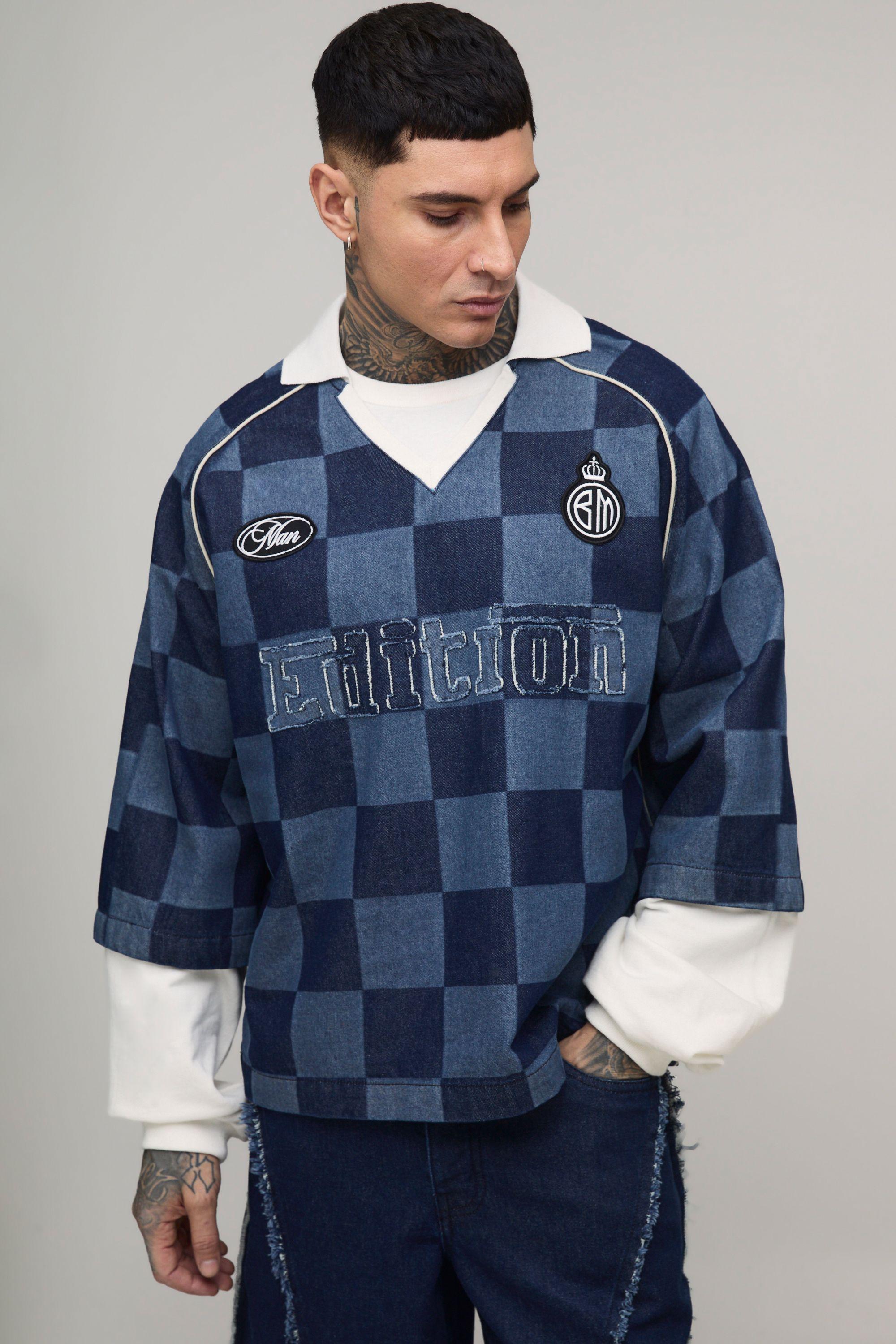 Tall Checked Oversized Boxy Faux Layer Denim Football Top by BOOHOOMAN